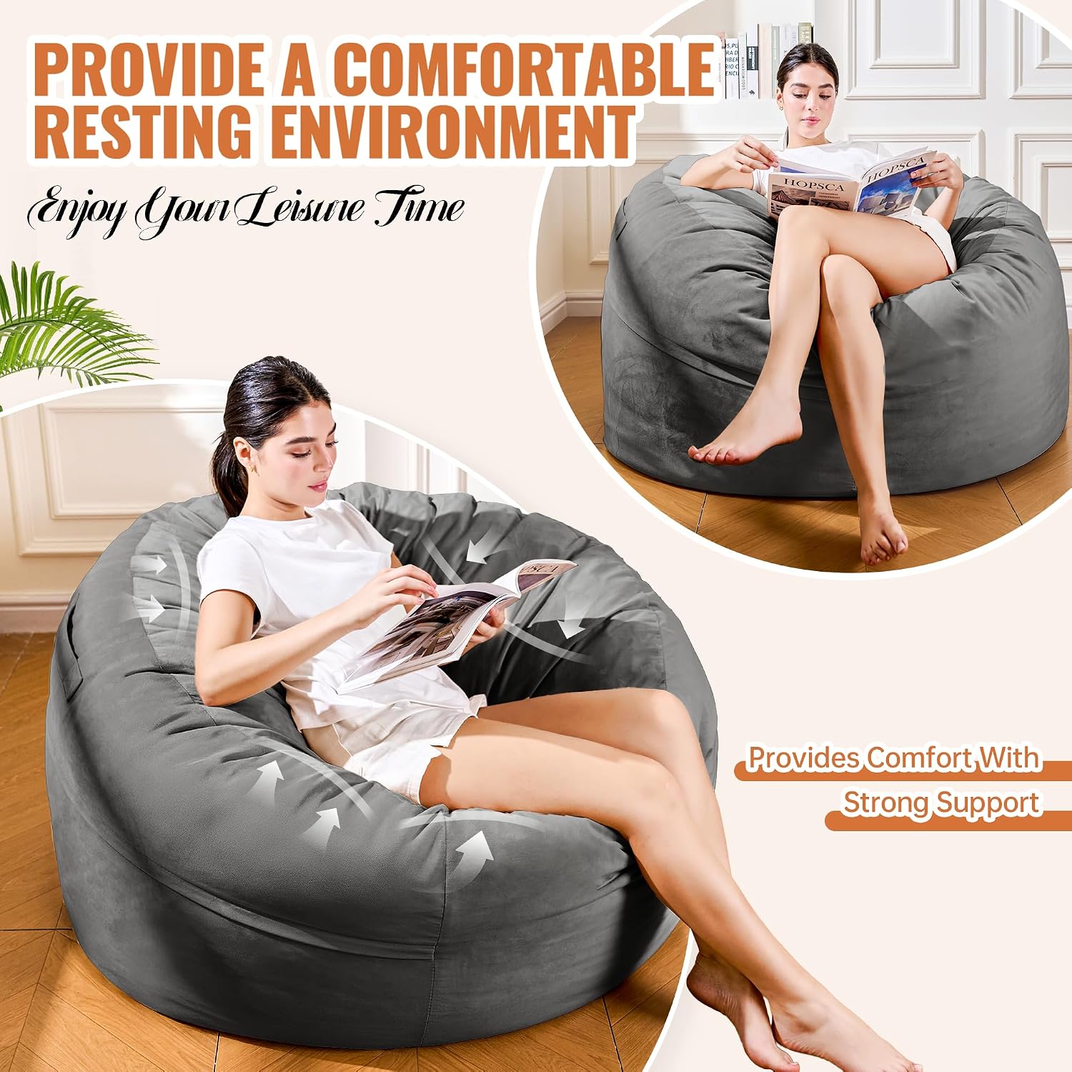 4FT Bean Bag Chair, Bean Bag Chairs for Adults and Kids, Fluffy and Comfy Bean Bag with Velvet Cover, Bean Bag with Memory Foam Filled for Gaming, Living Room, Playroom (Grey)