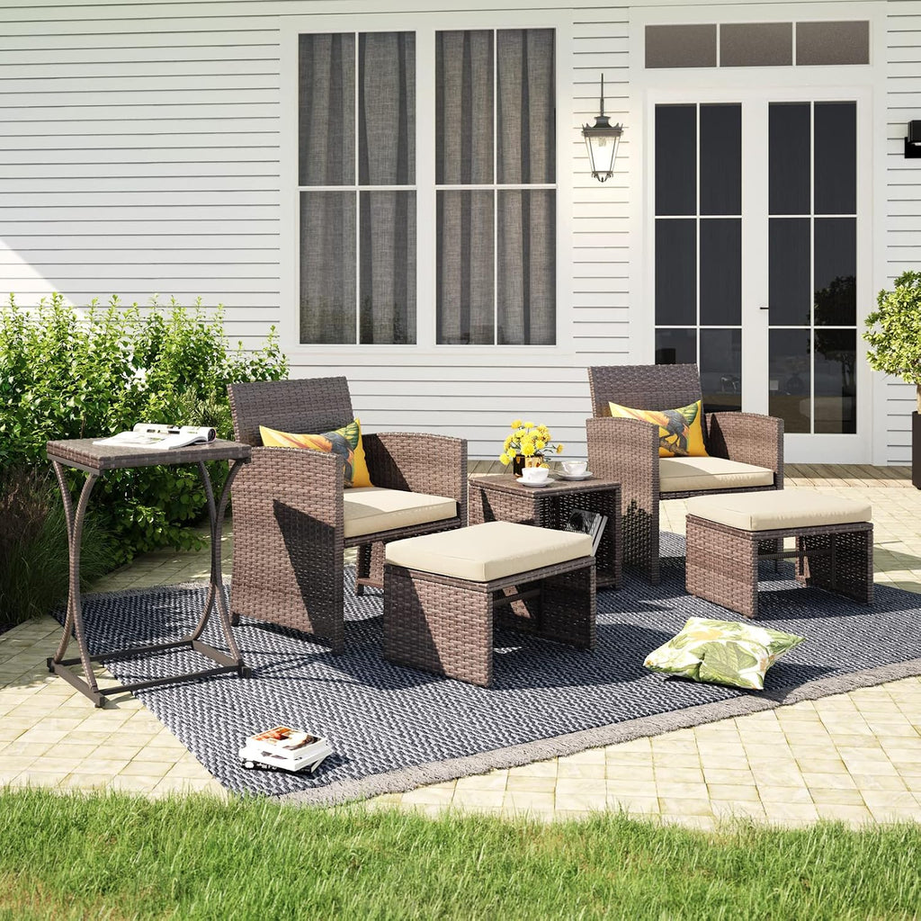 OC Orange-Casual 6 Piece Patio Wicker Furniture Set, Balcony All Weather Rattan Chair, with Space Saving Ottoman, Resin Nesting Coffee Table, Modern Design, Beige