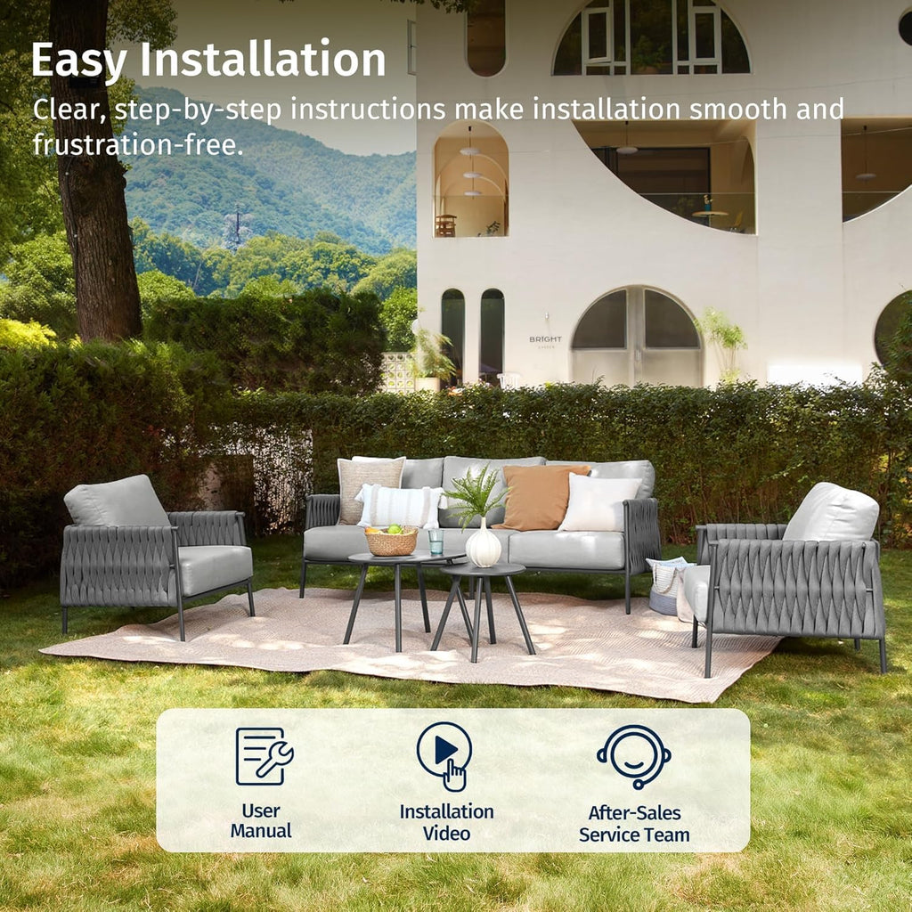 EAST OAK Life Chatter Patio Furniture Set 5 Pieces, Outdoor Furniture 5-Seat Sofa with Two Round Coffee Table, Waterproof Thick Cushion Deep Seating for Porch, Balcony, Earth Black & Misty Grey