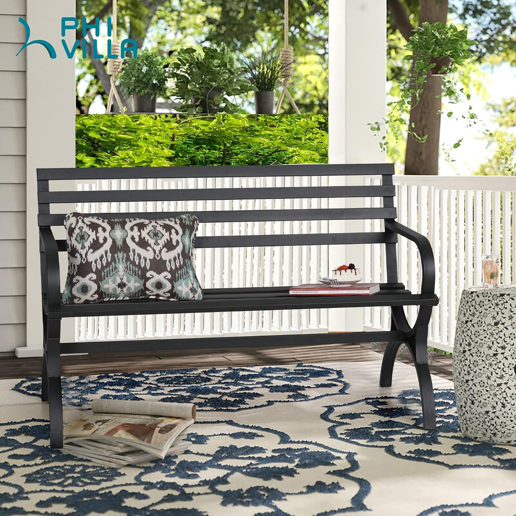 PHI VILLA Outdoor Garden Bench, 48' Long Metal Steel Bench with Backrest and Armrests, Modern Slatted Design for Patio, Lawn, Yard, Porch - Black