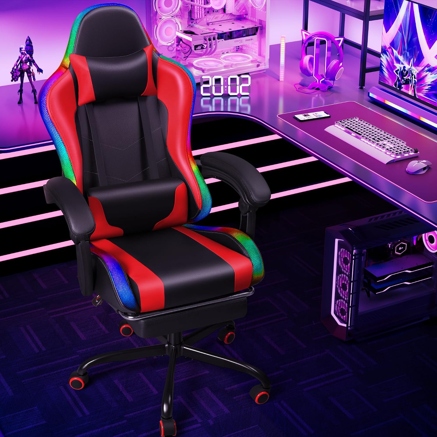 Shahoo Gaming Chair with LED Lights, Footrest and Massage Lumbar Support, Ergonomic Computer Seat Height Adjustable with 360°Swivel and Headrest, Red with RGB