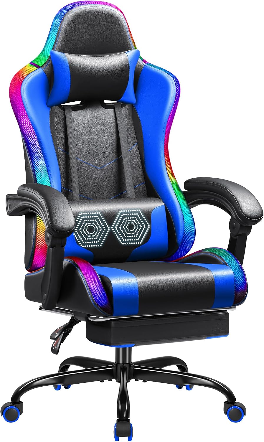 Shahoo Gaming Chair with LED Lights, Footrest and Massage Lumbar Support, Ergonomic Computer Seat Height Adjustable with 360°Swivel and Headrest, Blue with RGB