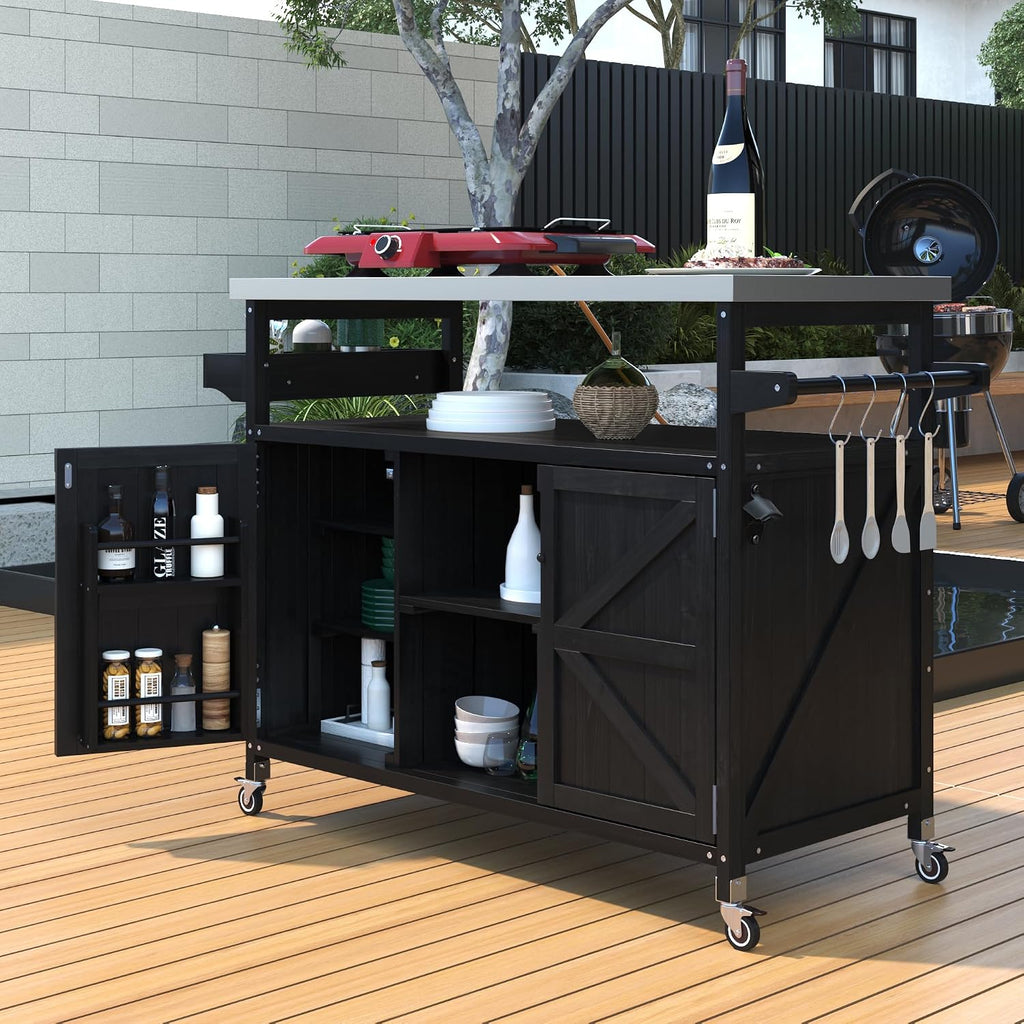 LUMISOL Outdoor Grill Table with Stainless Steel Top, Solid Wood Kitchen Island with Internal Storage Rack, Outdoor Storage Cabinet, Farmhouse Rolling Bar Cart with Spice & Towel Rack, Black