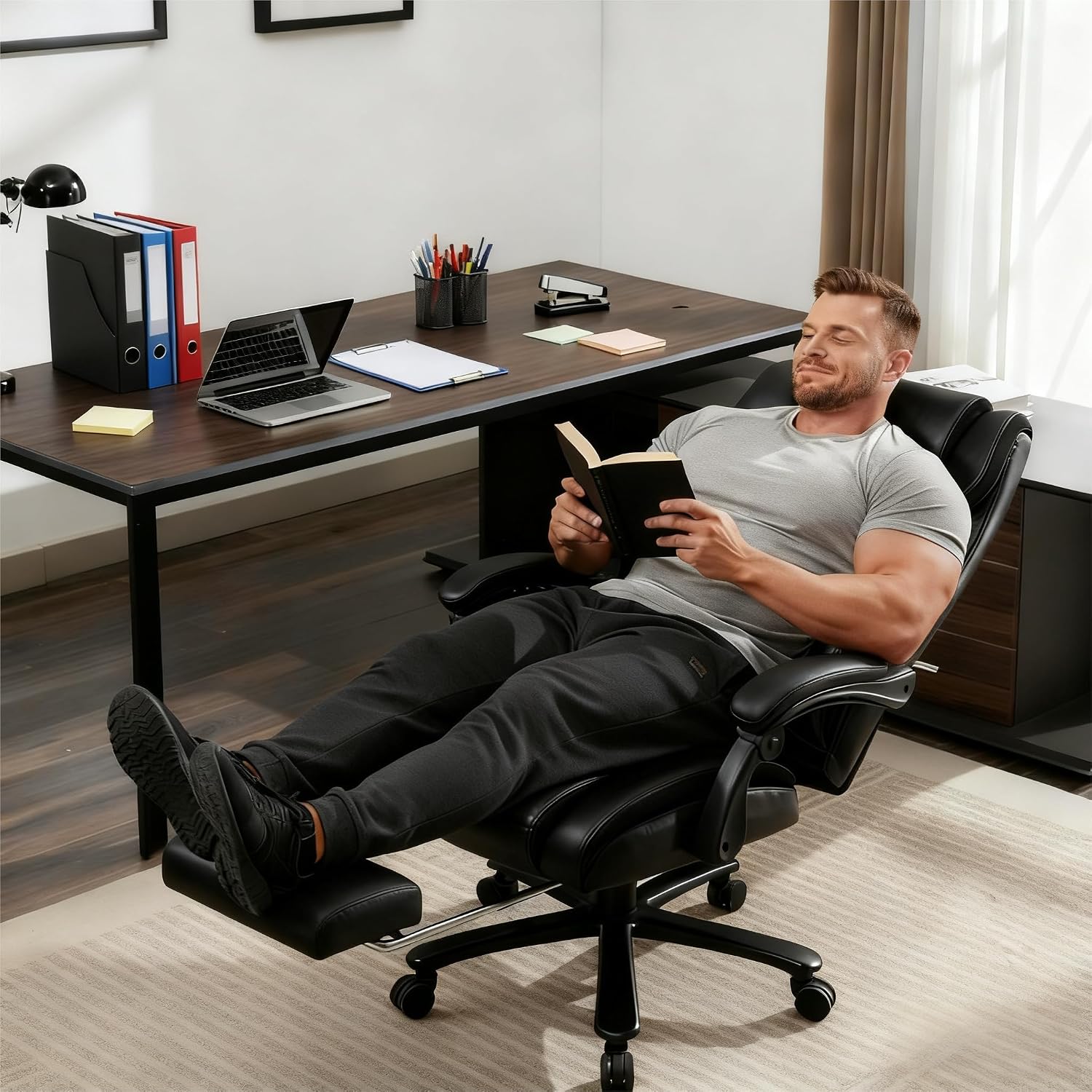 Reclining Office Chair with Retractable Footrest & Adjustable Lumbar Support - 500 lbs Capacity for Big and Tall Users, Leather Executive Desk Chair for Home Office, Work, and Relaxation, Black