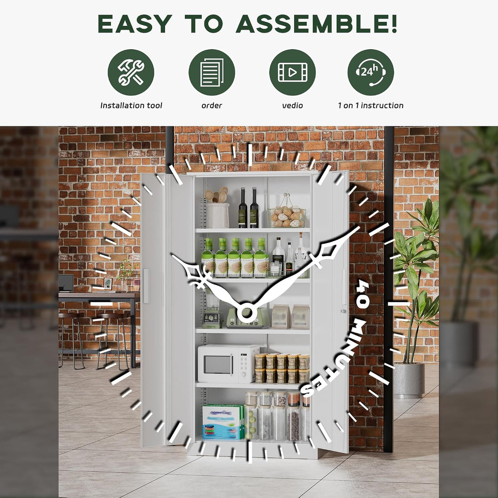 Greenvelly Metal Storage Cabinet, 72' Locking Metal Garage Storage Cabinet with Doors and 4 Adjustable Shelves, White Lockable Steel Cabinet for Home Office, Garage, Shop, School (32' W x 16' D)