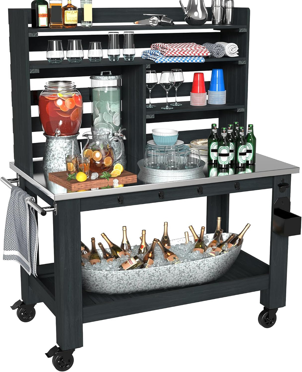 GDLF Potting Bench Table Large Outdoor Kitchen Island Prep Station with Stainless Steel Top Waterproof Cover, Hardwood, 66.9' H