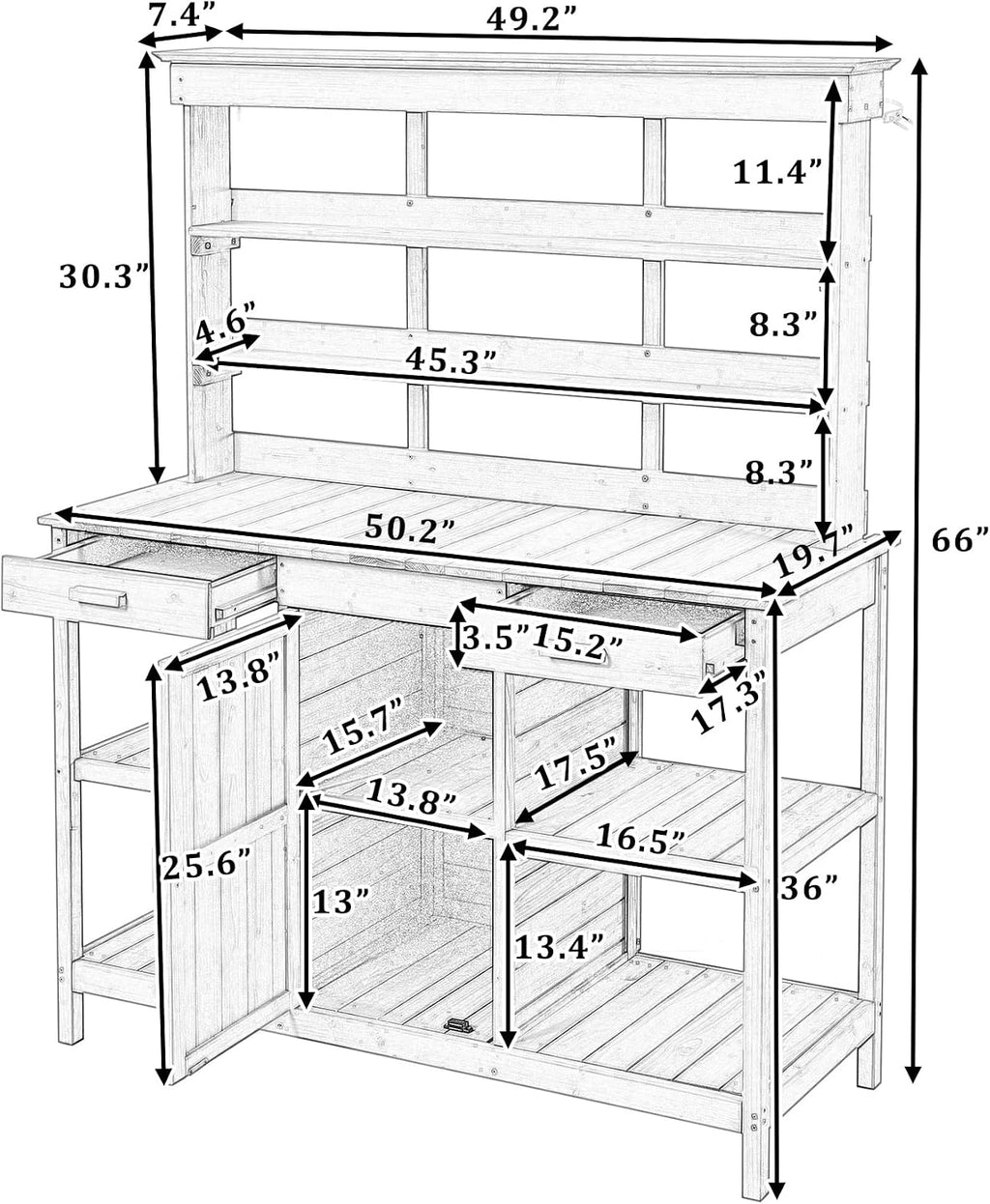 Merax 66' Large Outdoor Farmhouse Wooden Potting Bench Table, Garden Workstation with 2 Drawers, Cabinet, and Open Shelves for Backyard, Mudroom, White