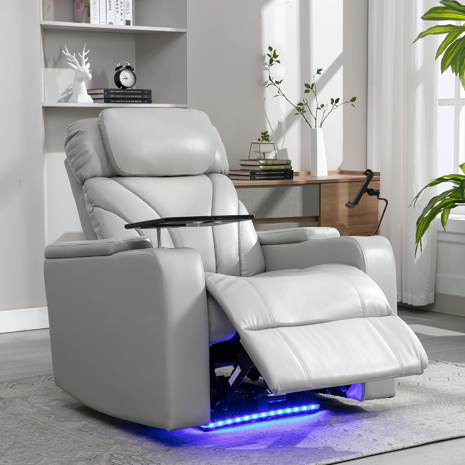 Merax Power Motion Recliner with USB Charging Port and Hidden Arm Storage, Home Theater Seating with Convenient Cup Holder Design,and Stereo(Light Grey)