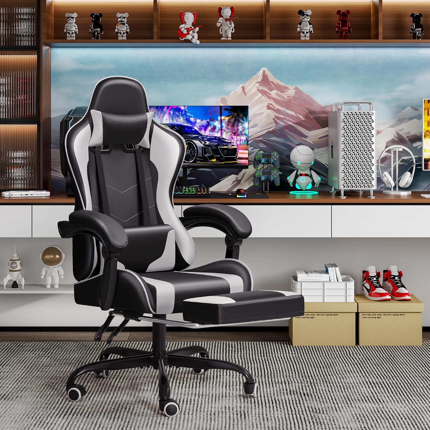 JUMMICO Gaming Chair Ergonomic Computer Chair with Footrest and Massage Lumbar Support, Height Adjustable Video Gaming Chair with 360° Swivel Seat and Headrest (White)