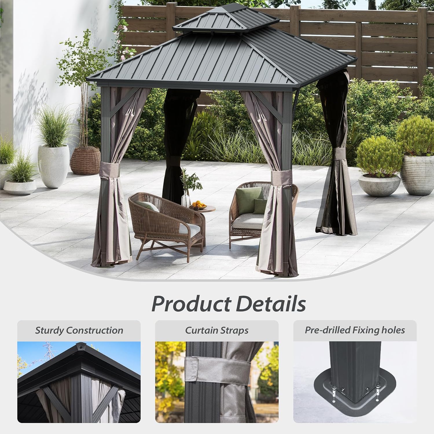 Domi 8' X 10' Hardtop Gazebo Canopy with Netting & Curtains, Outdoor Metal Gazebo with Galvanized Steel Double Roof for Patio Lawn and Garden, Gray