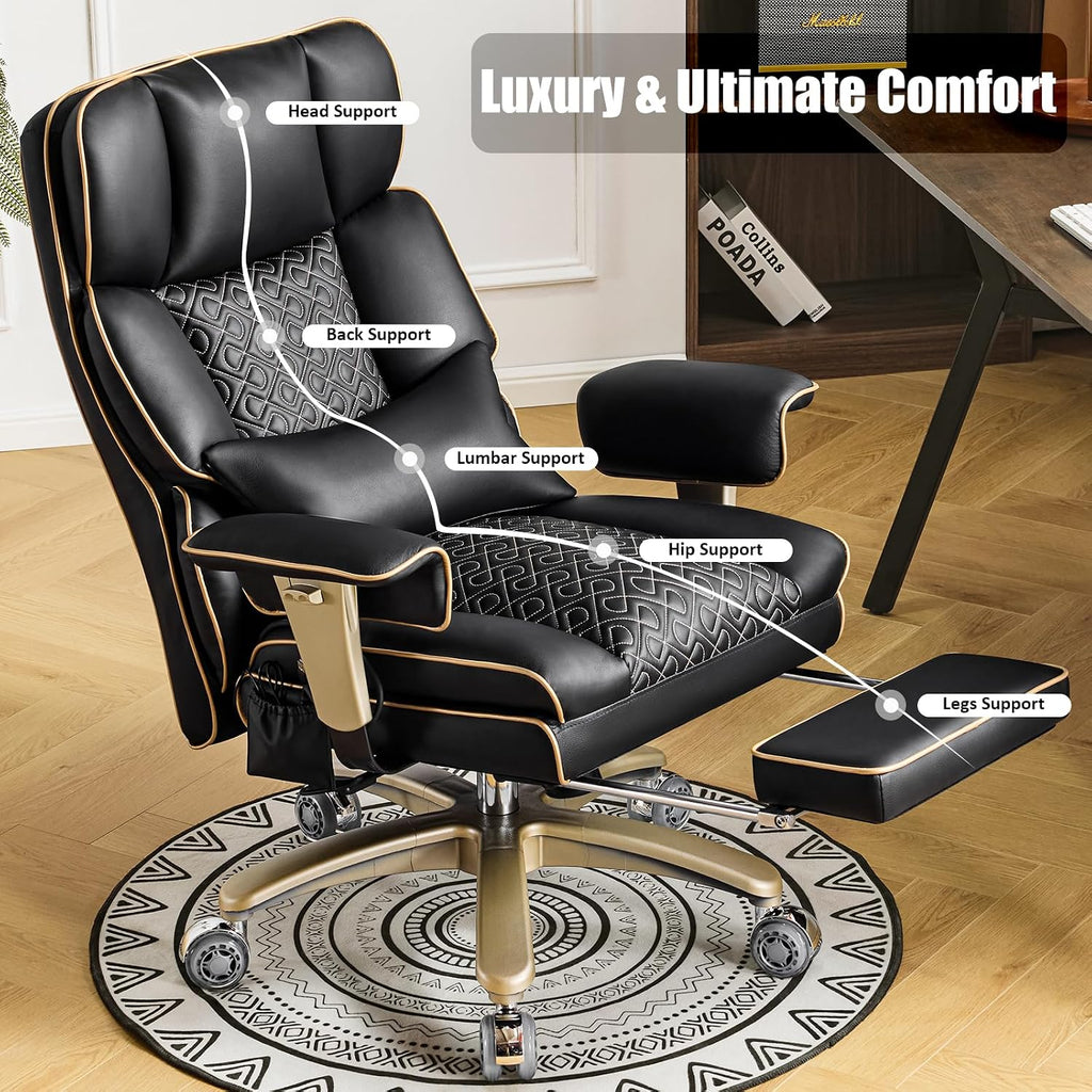 Big Tall Executive Office Chair 500lbs, Comfortable PU Leather Desk Chair with Footrest Adjustable Air Back Support, Lumbar Massage Function, 360°Swivel, Tilt Recline,Height Adjustment,Black