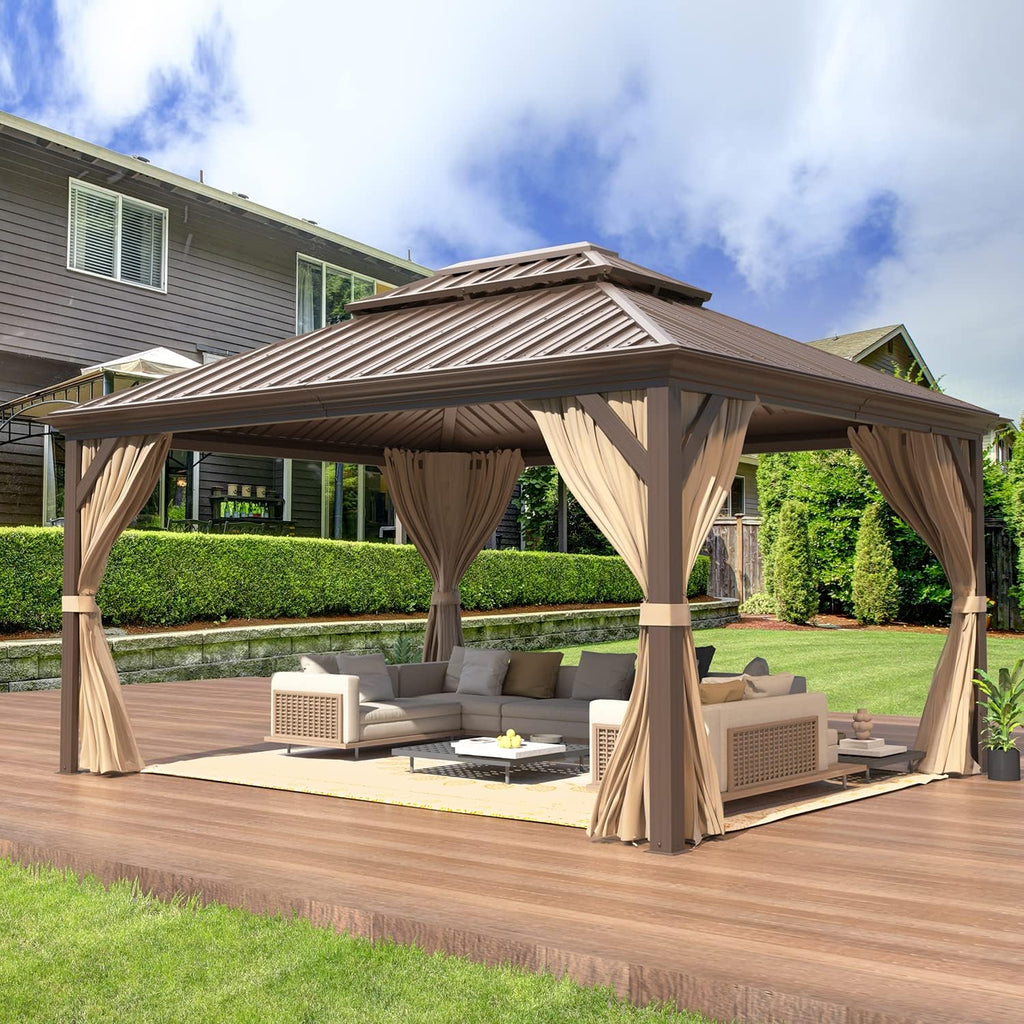 MELLCOM 12' x 14' Hardtop Gazebo, Brown Permanent Pavilion Gazebo with Curtains and Netting, Galvanized Steel Metal Double Roof Aluminum Gazebos with Aluminum Frame for Patio, Lawn & Garden