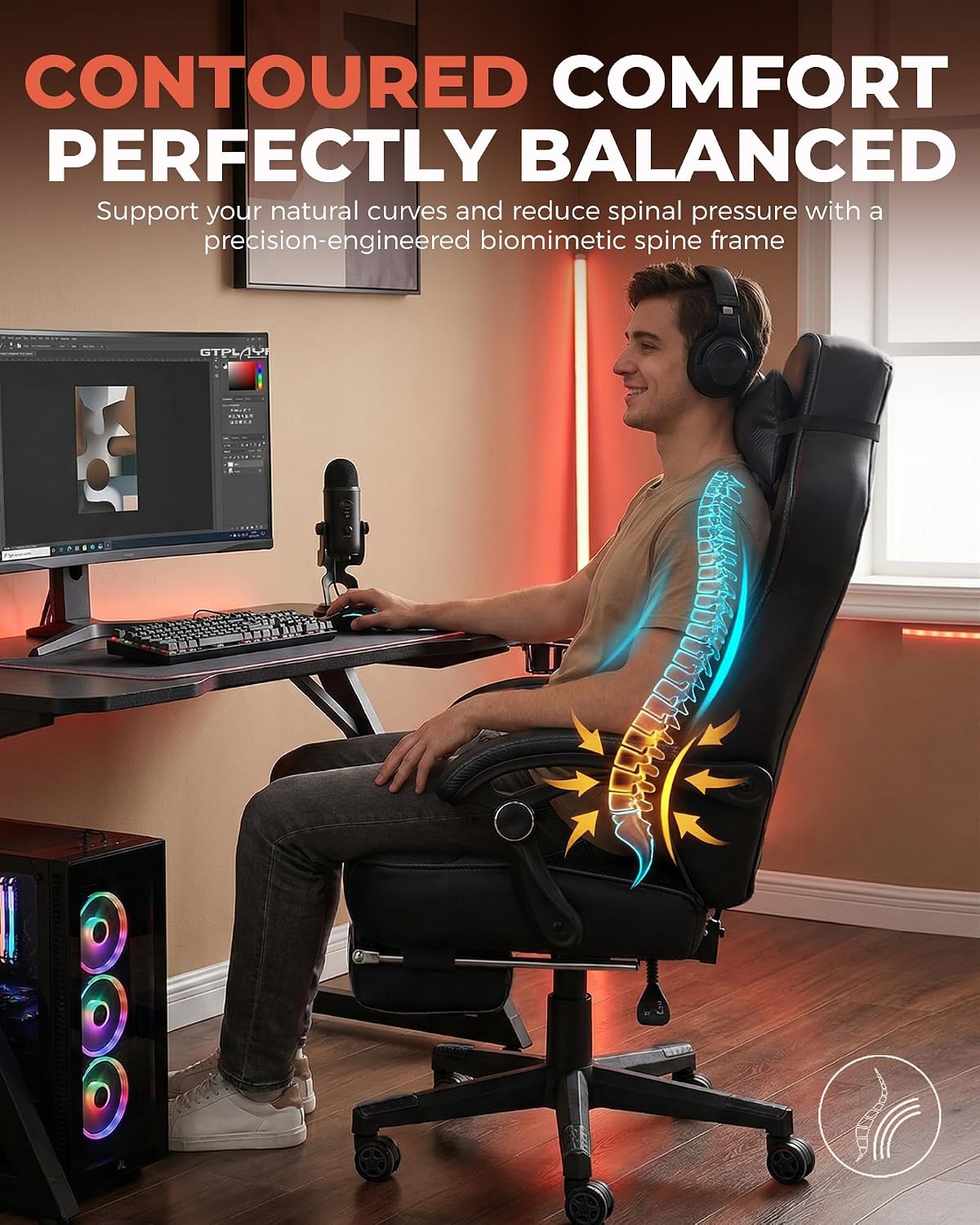 GTPLAYER Gaming Chair with Footrest, Big and Tall Game Chair 350lb Racing Style Computer Chair, Ergonomic Executive Office Chair High Back with Lumbar Support and Recliner, Black