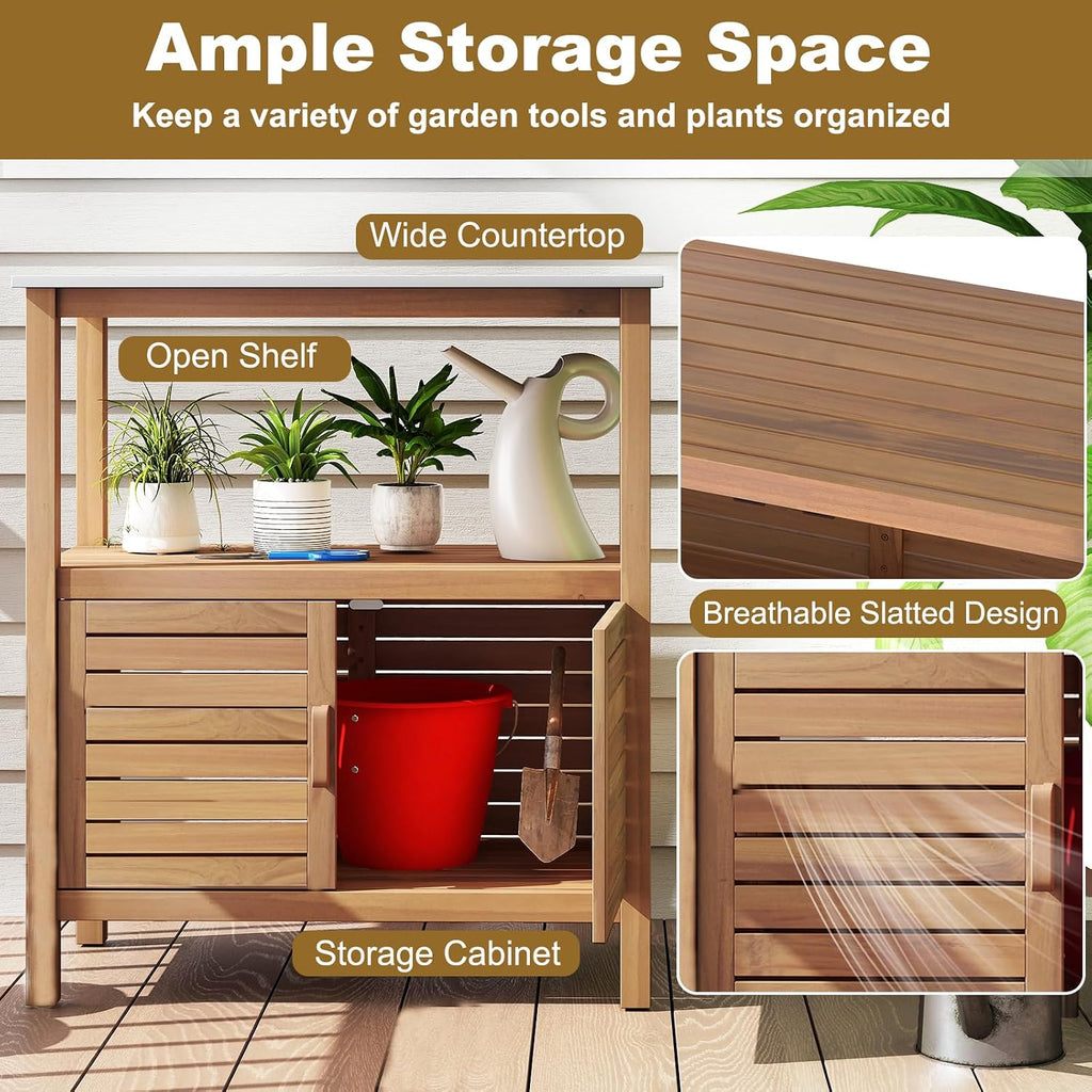 Giantex Outdoor Potting Bench, Acacia Wood Planting Workstation with 2-Door Storage Cabinet, Faux Marble Tabletop, Open Storage Shelves, Garden Potting Table for Horticulture