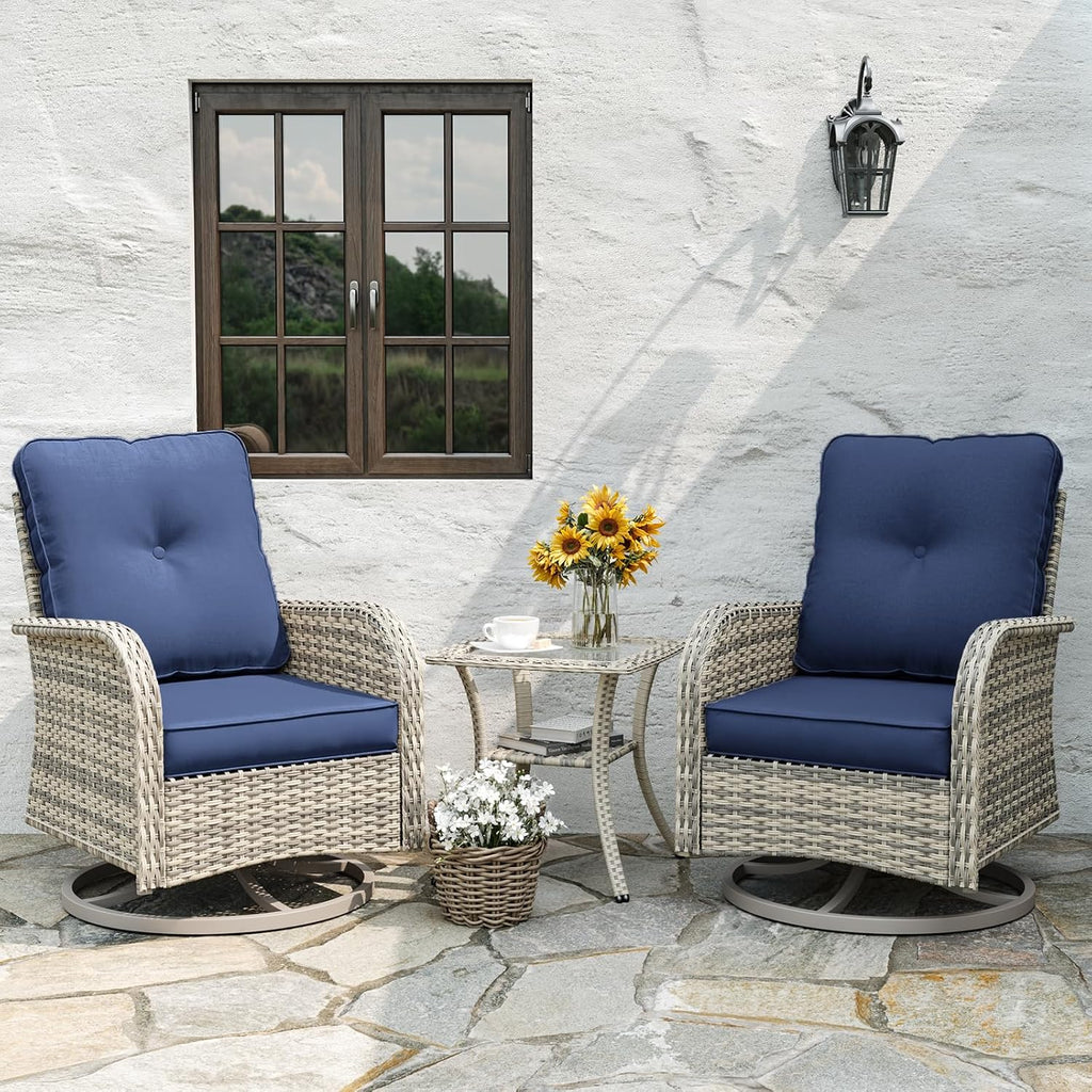 Outdoor Patio Furniture Set Rocking Swivel Chair Wicker Rattan Bistro Set with Tempered Glass Side Table, Outdoor Conversation Set for Garden, Deck, and Balcony,Navy Blue