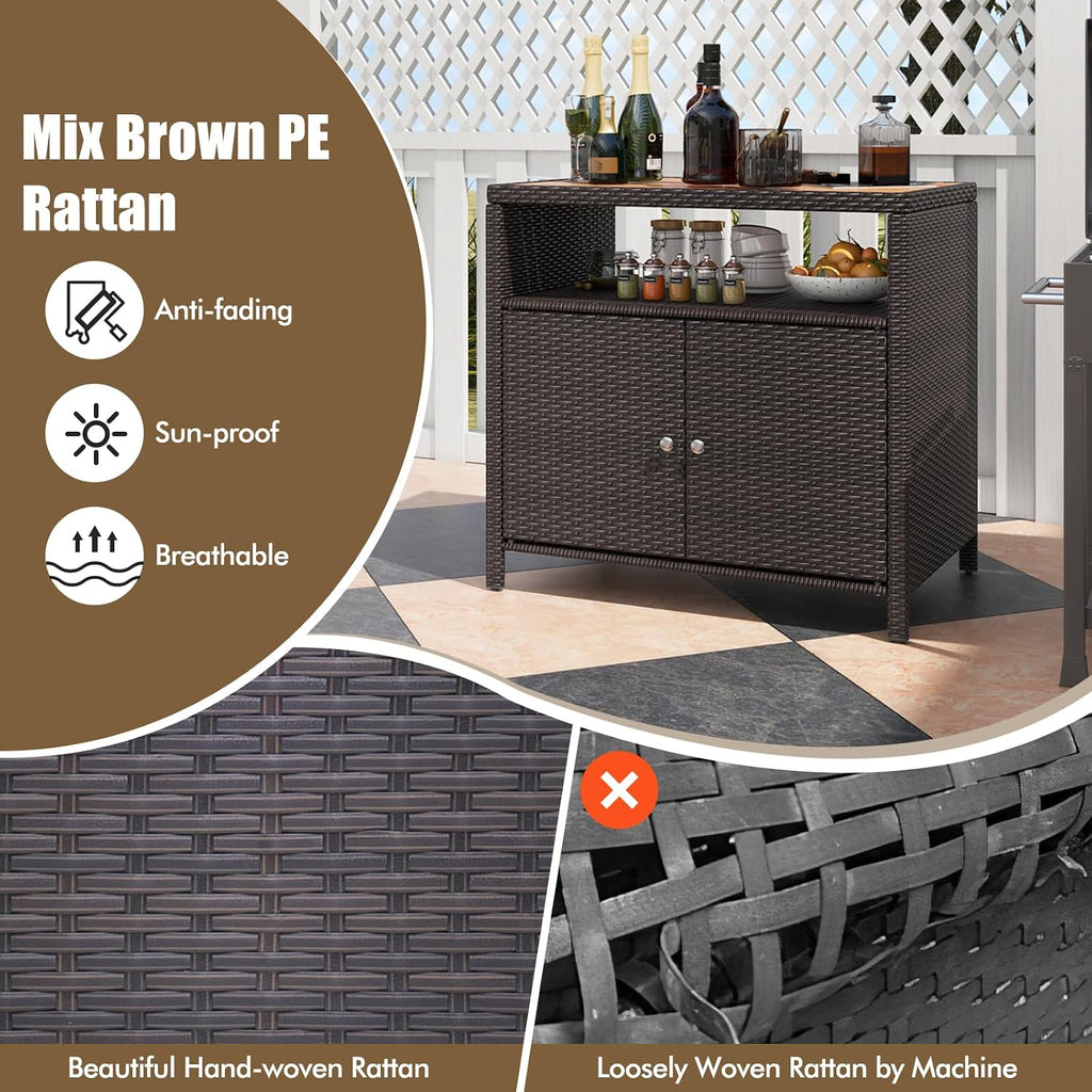 HAPPYGRILL Rattan Storage Cabinet, Patio Sideboard Buffet Cabinet with Acacia Wood Countertop, Open Shelf & 2 Door Cabinet, Wicker Storage Organizer for Garden Tools (Mixed Brown)
