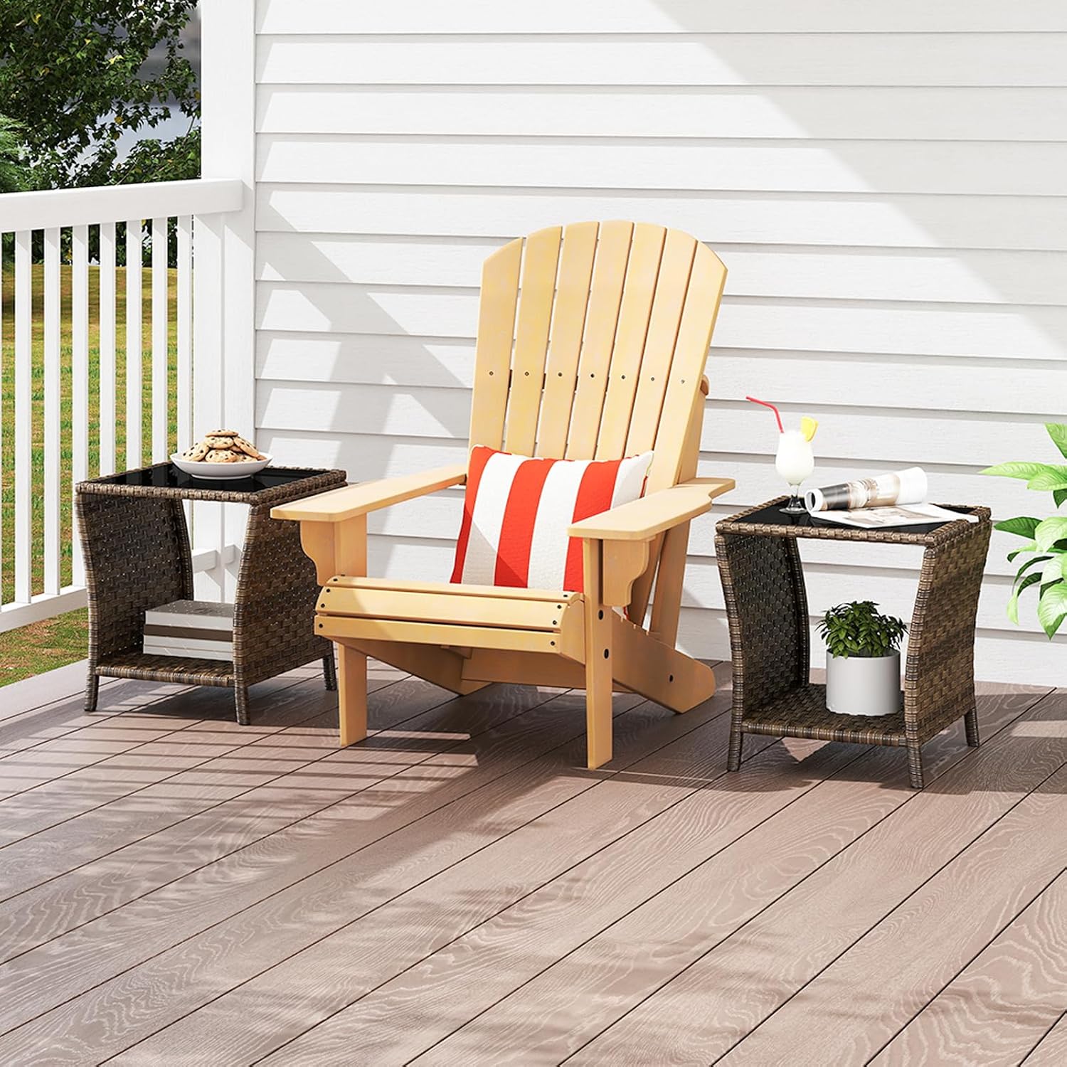 Outdoor Wicker Side Table, Set of 2 Rattan Side Tables End Table for Patio with Glass Top Rattan Storage for Patio Garden Balcony