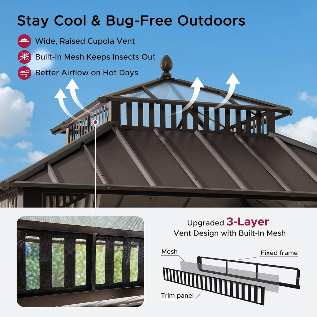 SUNJOY Kingston 10' x 10' Hardtop Gazebo with Galvanized Steel/Polycarbonate Double Roof, Curtain and Netting, Brown Aluminum Posts Permanent Pavilion Gazebo for Garden, Patio, Deck, Lawn