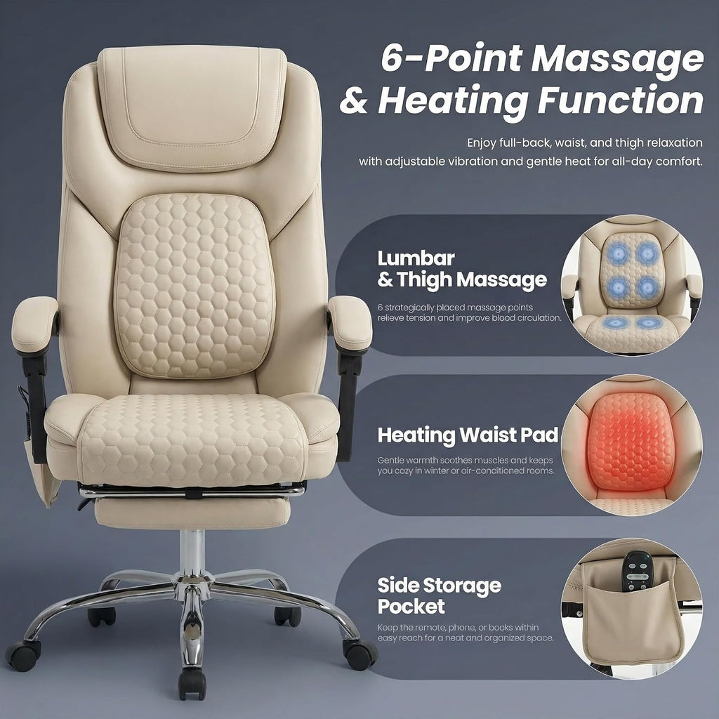 MALOL Massage Office Chair Set of 2 with Heat and Footrest - 3-Level 65°C Targeted Heating, 20-Min Assembly Leather Desk Chair, Big and Tall Executive Computer Chair with Side Pocket, 300 lbs, Beige