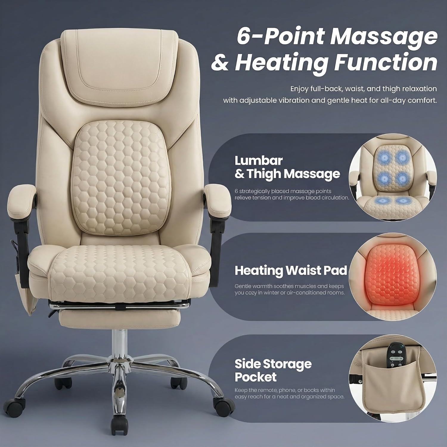 MALOL Massage Office Chair Set of 2 with Heat and Footrest - 3-Level 65°C Targeted Heating, 20-Min Assembly Leather Desk Chair, Big and Tall Executive Computer Chair with Side Pocket, 300 lbs, Beige