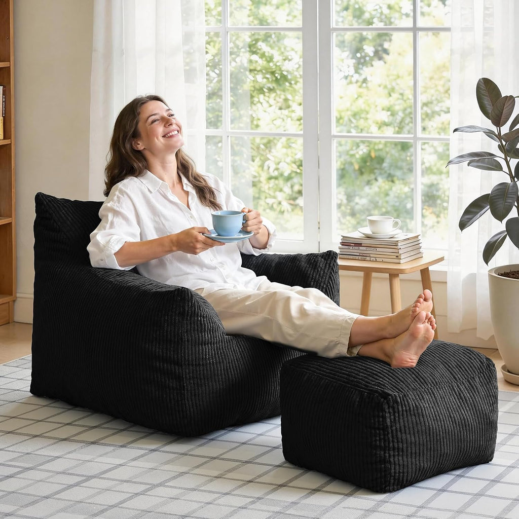 INMOZATA Memory Foam Bean Bag Chair with Ottoman, Oversized Plush Corduroy Cloud Couch, Beanbag Set for Adults & Teens, Comfy Lounge Sofa Gift for Bedroom, Dorm & Reading Nook (Black)