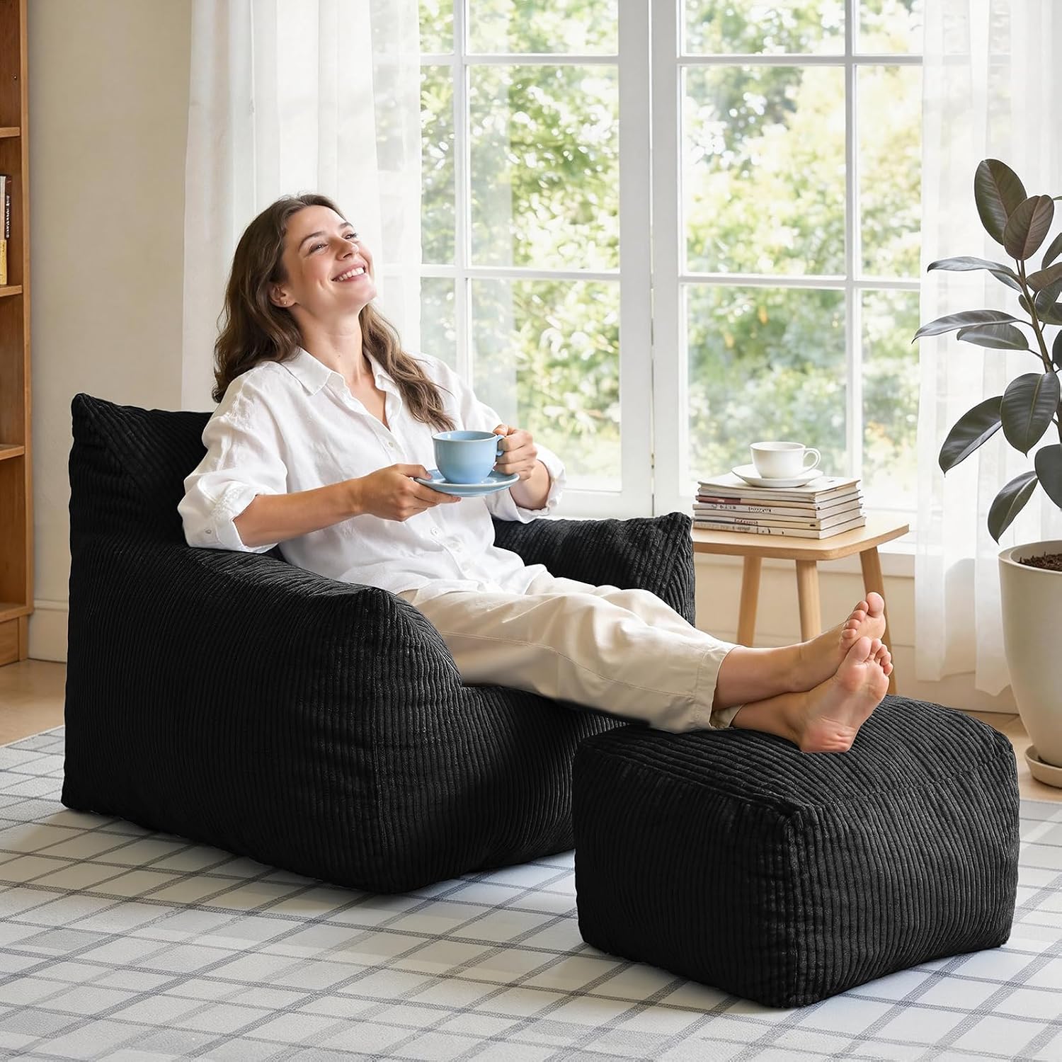INMOZATA Memory Foam Bean Bag Chair with Ottoman, Oversized Plush Corduroy Cloud Couch, Beanbag Set for Adults & Teens, Comfy Lounge Sofa Gift for Bedroom, Dorm & Reading Nook (Black)