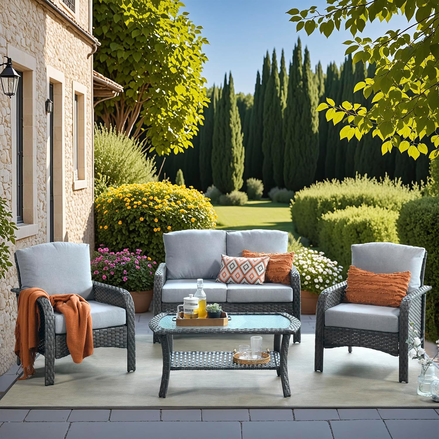 4 Pieces Wicker Patio Furniture - All-Weather PE Wicker Outdoor Conversation Bistro Set Loveseat Chairs with Table,Outdoor Rattan Sofa Chairs High Back Deep Seating,Light Grey