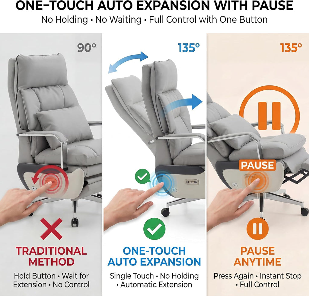 Dual Motor Executive Reclining Office Chair with Footrest – One-Click Electric Recline, Massage Lumbar Support & Pillow, Big and Tall PU Leather Ergonomic Desk Chair for Home Office(Gray)