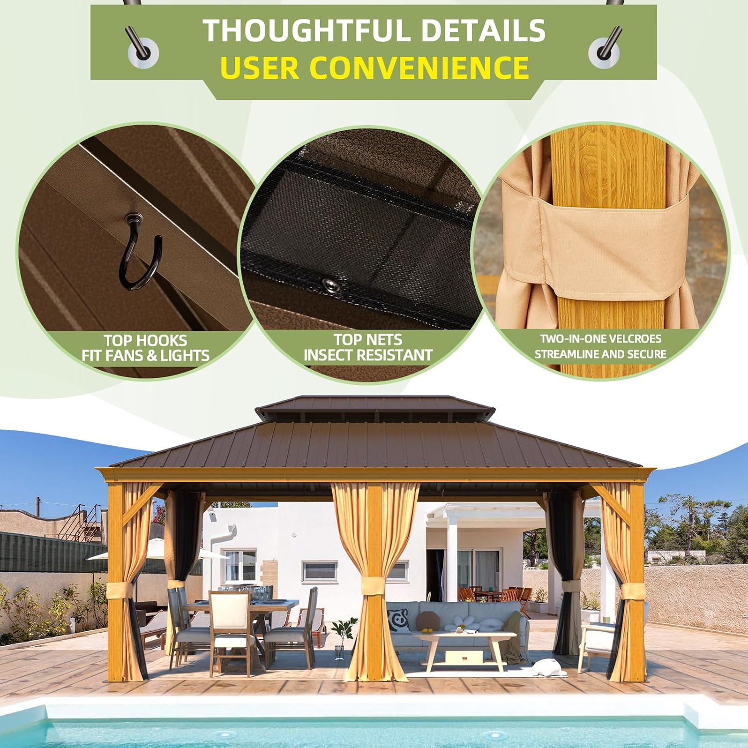 MELLCOM 12'x18' Hardtop Gazebo, Wood Grain Aluminum Frame with Galvanized Steel Double Roof and Water Gutter, Outdoor Permanent Metal Pavilion with Curtains and Nettings for Patios, Gardens and Lawns