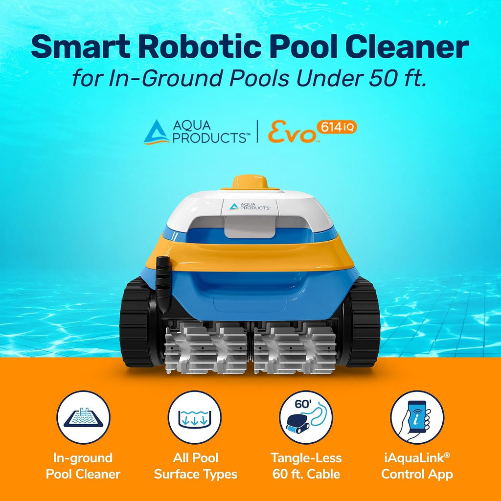 Aqua Products Evo614iQ Robotic Pool Cleaner, Automatic Vacuum for Inground Pools with 60ft Swivel Cable, Smart App, WiFi, Wall Climbing Vac w/Strong Suction & Easy to Clean Top Loading Filter