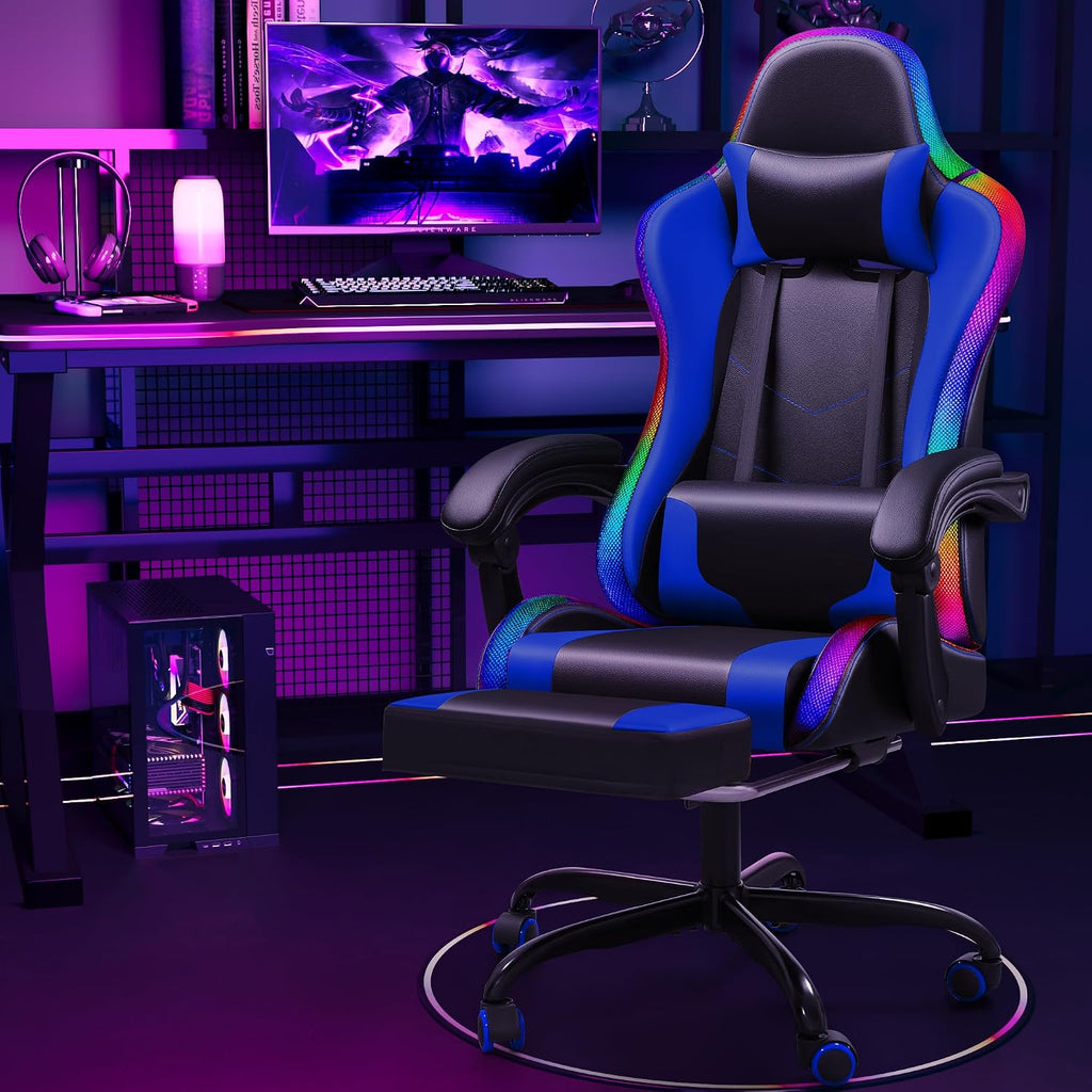 Shahoo Gaming Chair with LED Lights, Footrest and Massage Lumbar Support, Ergonomic Computer Seat Height Adjustable with 360°Swivel and Headrest, Blue with RGB