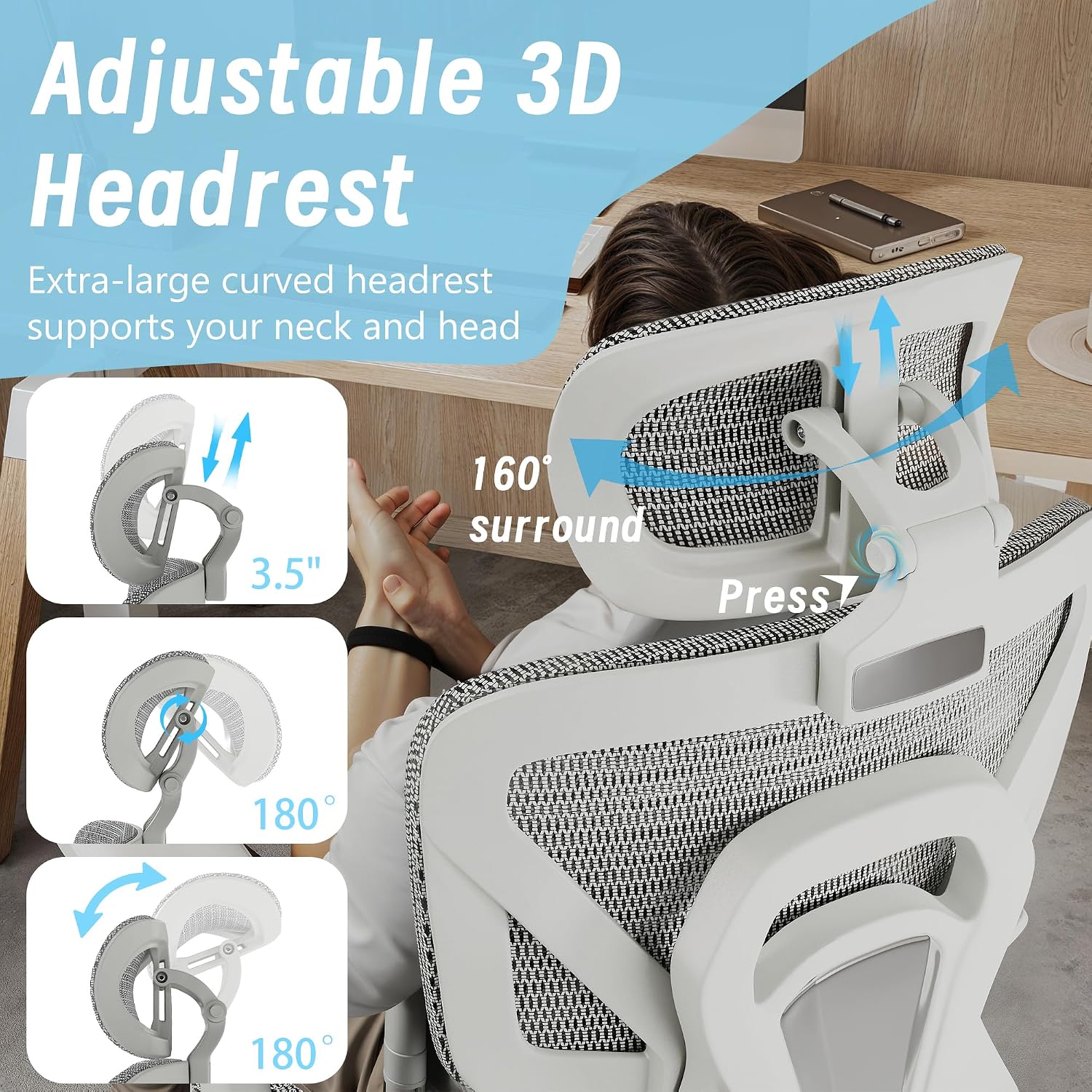 Ergonomic Office Chair with Footrest, High Back Mesh Computer Chair with Lumbar Support, 5-Level Backrest Height, 4D Flip-Up Arms for Home & Gaming Desk (Gray Mesh 3-Zone Lumbar Support+4D Armrest)