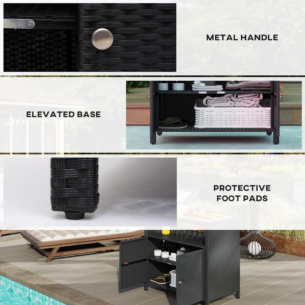 Outsunny Wicker Outdoor Storage Cabinet, Rattan Bar Table with Acacia Wood Countertop, 2 Doors and Shelf, Buffet Cabinet Sideboard for Poolside, Garden, Patio, Backyard, Black