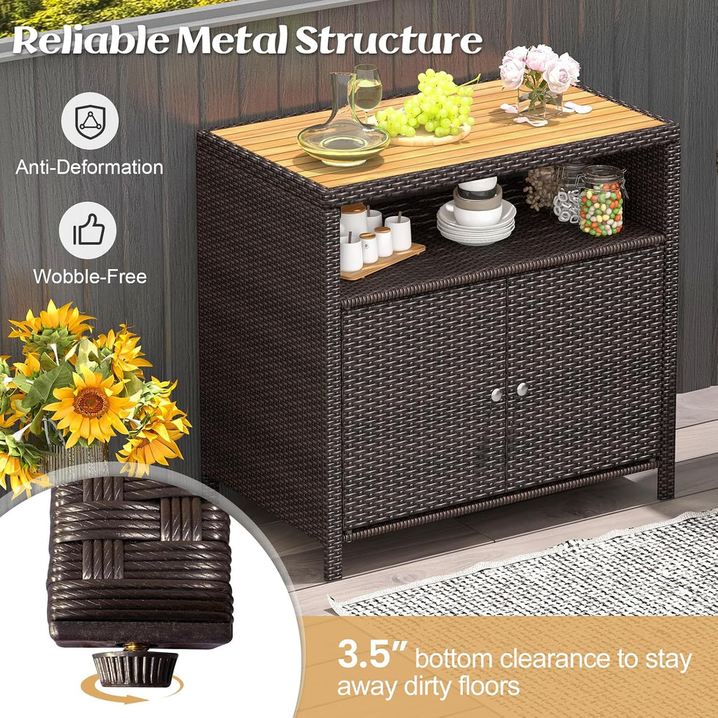RELAX4LIFE Wicker Outdoor Bar Cabinet - PE Rattan Patio Bar Table w/Acacia Wood Countertop, Open Shelf & 2 Doors, Buffet Sideboard Organizer for Garden Backyard Pool, Outside Storage Cabinet (Brown)