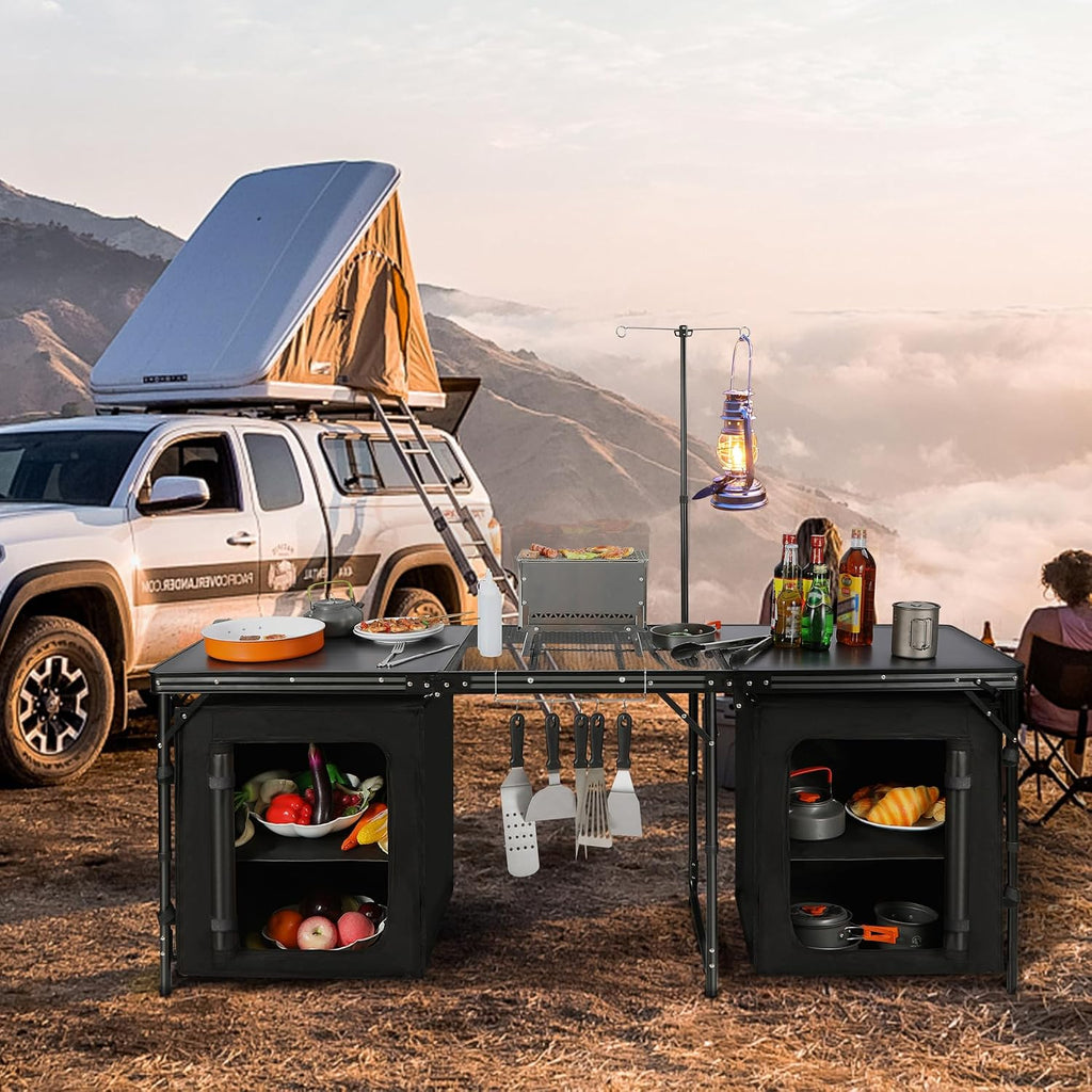 REDCAMP 6 ft Portable Camping Kitchen Table, Tri-fold Camping Grill Table Cook Station with Storage Organizer and Telescoping Light Stand for BBQ, Party and Picnic
