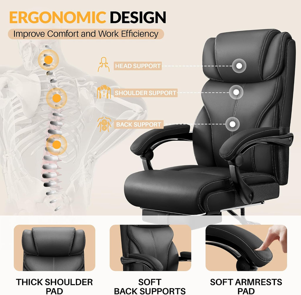 HeroSet Office Chair, Executive Big and Tall Leather Desk Chairs with Footrest, Ergonomic Breathable Computer Chair with Adjustable High Back, Lumbar Support Swivel PC Chairs