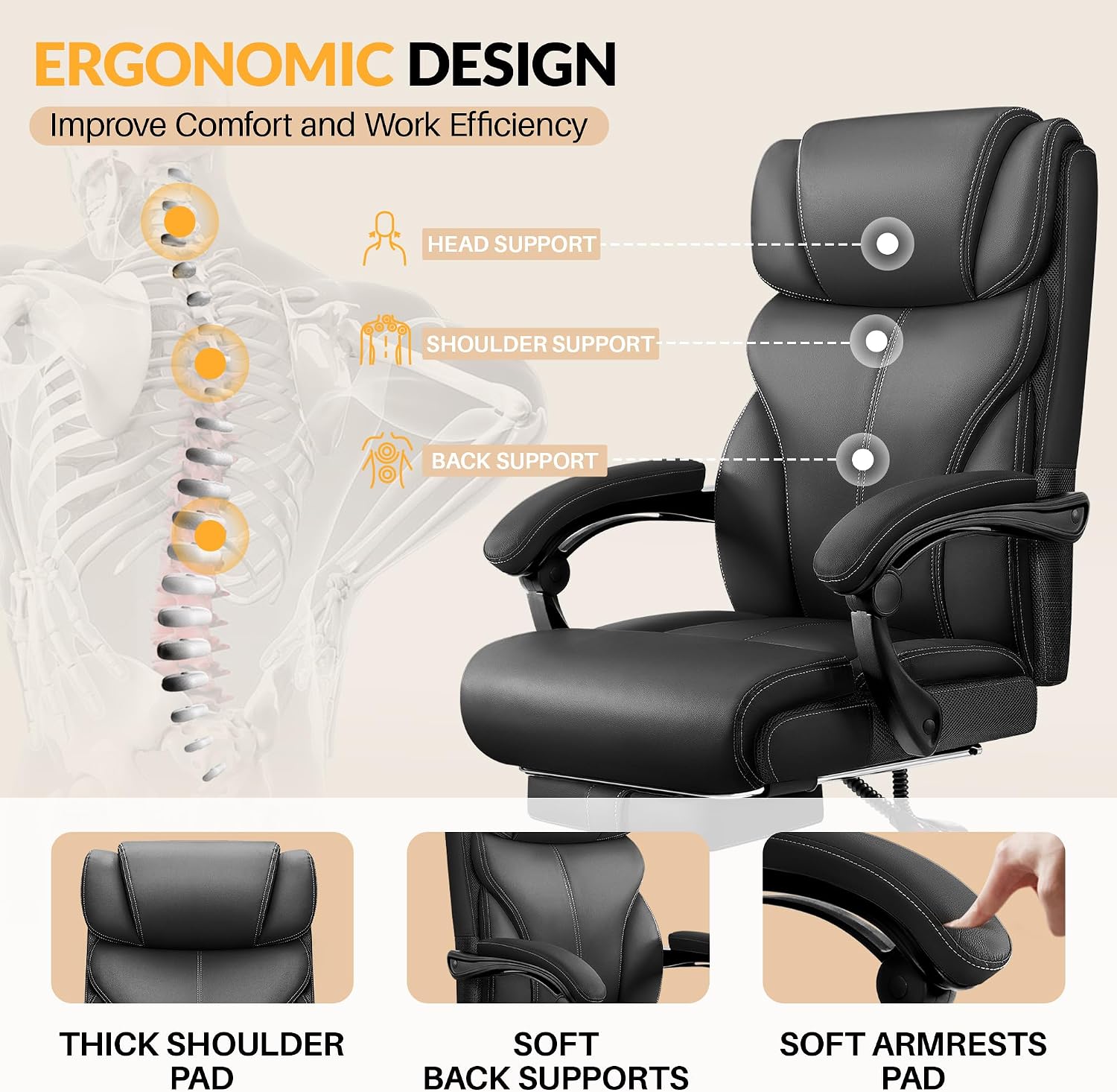 HeroSet Office Chair, Executive Big and Tall Leather Desk Chairs with Footrest, Ergonomic Breathable Computer Chair with Adjustable High Back, Lumbar Support Swivel PC Chairs