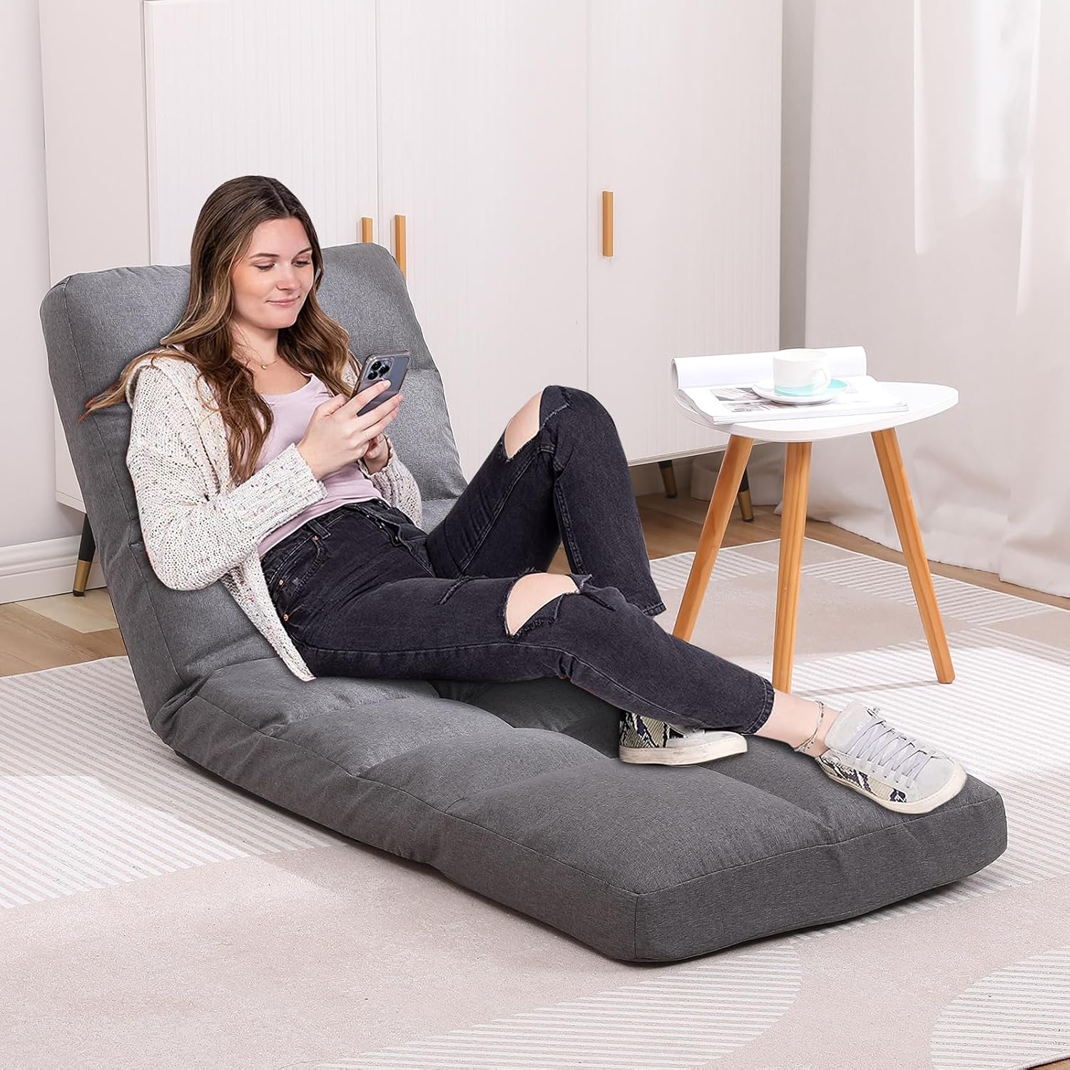 Floor Chair with Footrest Adjustable Backrest with 14 Positions Footrest 5-Position Adjustment Foldable Floor Gaming Chair for Easy Storage Linen Fabirc Chaise Lounge 086 (Grey)