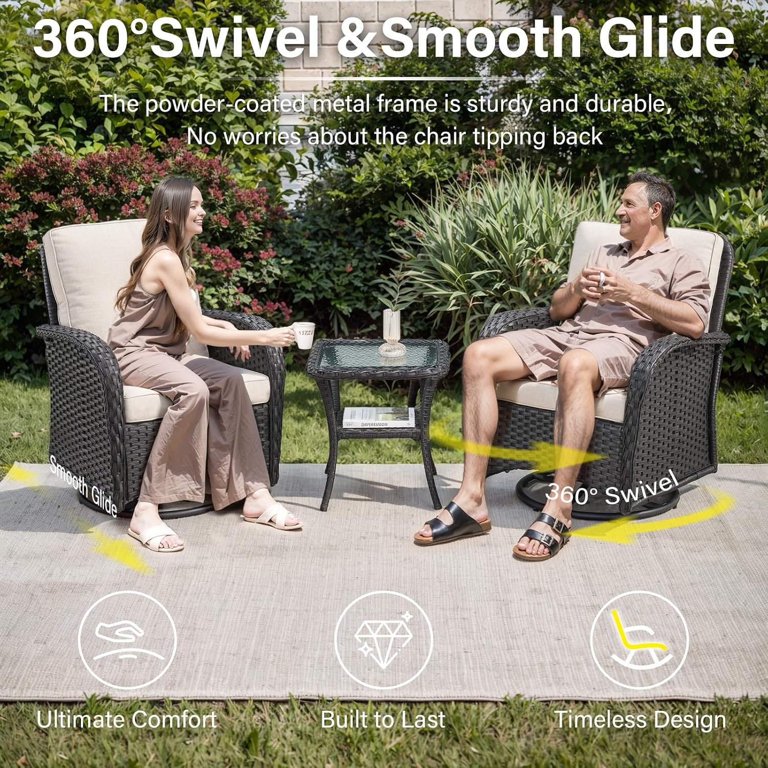 Belord 6 Pieces Wicker Patio Furniture Set - Swivel Rocker Outdoor Chairs with Outdoor Couch and Side Table, All-Weather Patio Conversation Set for Sunroom Deck Backyard Black