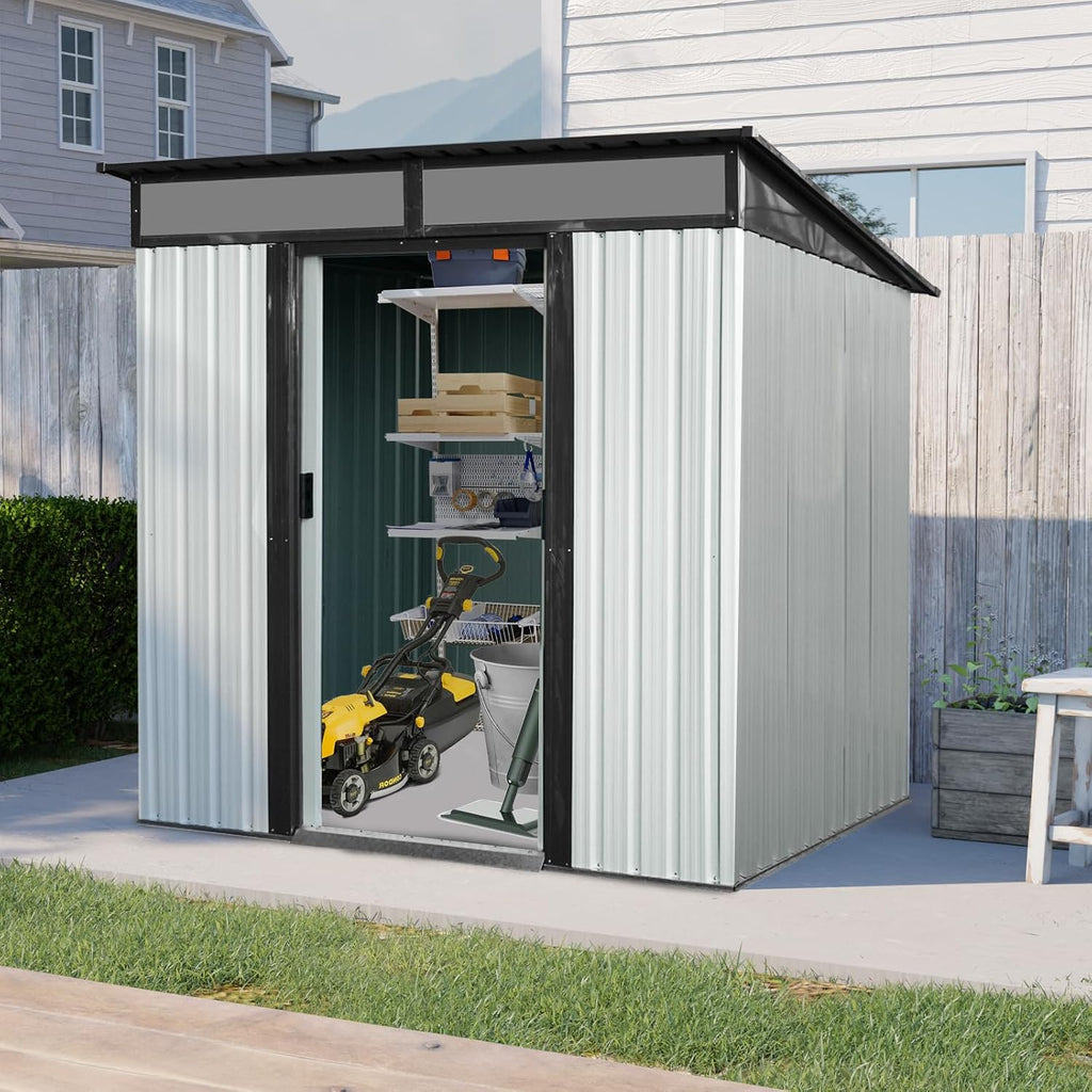6X5 FT Outdoor Storage Shed, Waterproof Metal Garden Sheds with Lockable Door, Steel Tool Storage Buildings Shed & Outdoor Storage House for Garden, Backyard, Patio, Lawn, Trash Cans(White + Black)