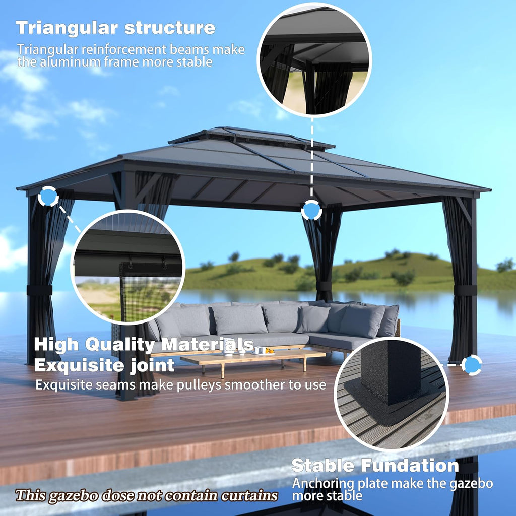 MUPATER Outdoor Gazebo, 12' x 16' Polycarbonate Hardtop with Aluminum Frame, Double Roof Patio with Insect Netting for Patios, Deck, Lawns and Gardens, Black