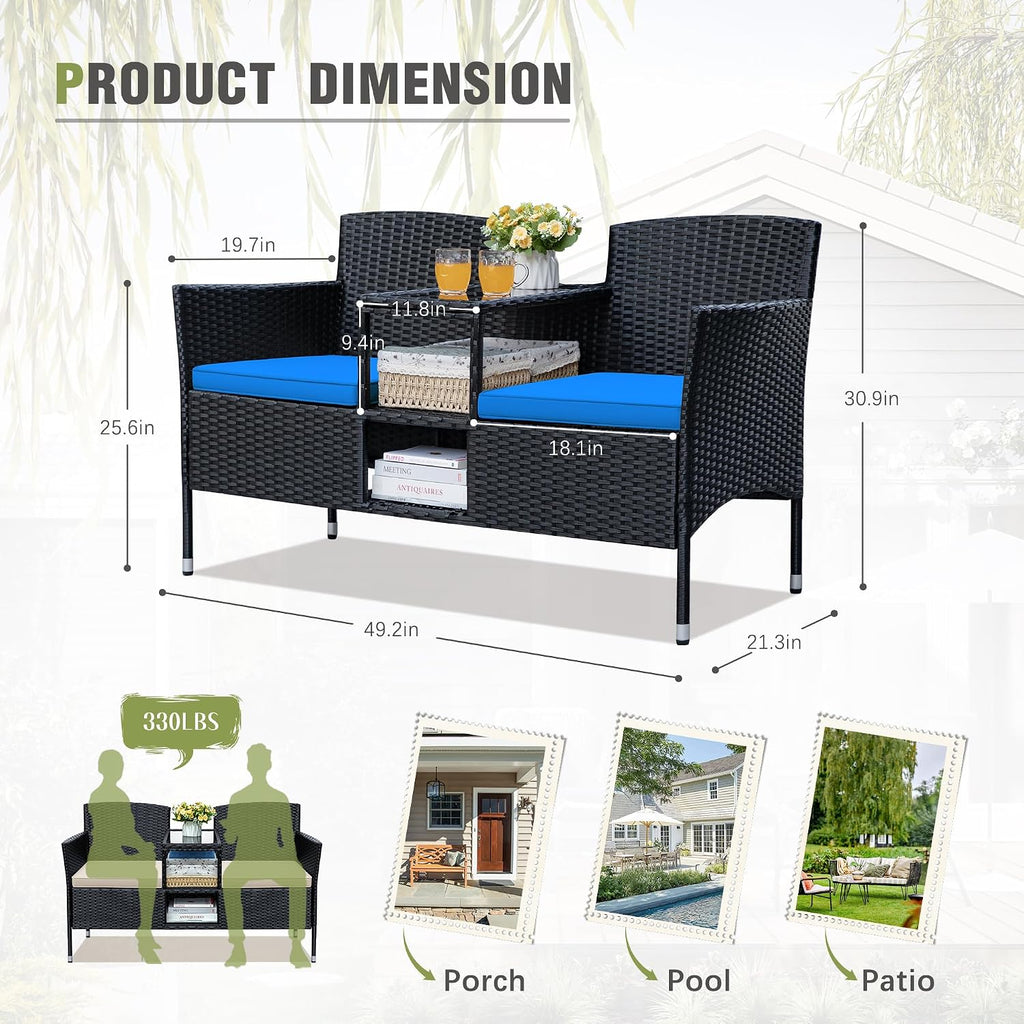 Greesum Patio Loveseat Outdoor Wicker Furniture Conversation Set with Soft Cushions & Built-in Coffee Table for Lawn Garden Backyard, Blue