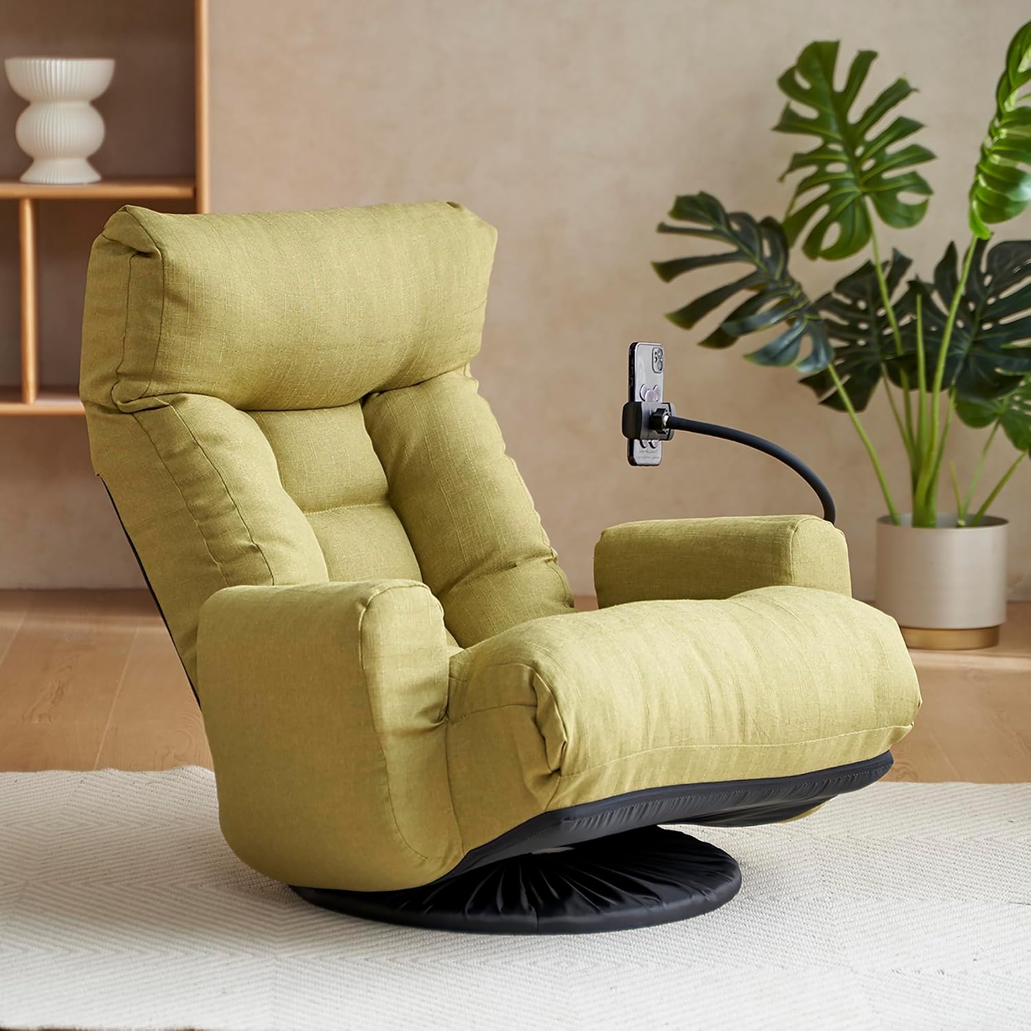 360° Swivel Floor Gaming Chair with 5 Position Adjustable, Folding Gaming Sofas with Phone Holder & Pockets, Cushion Padded Chaise Lounge Chair for Adults, Home Office Floor Leisure Chairs, Green