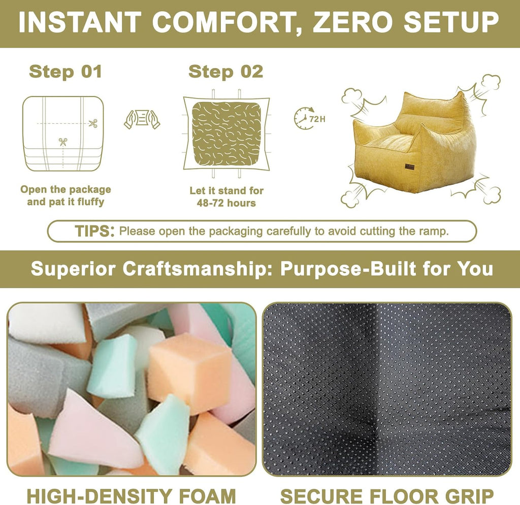 Oversized Fluffy Bean Bag Chair for Adults – Giant Cozy Bean Bag Sofa Chair with Armrests, Handle & Non-Slip Base for Your Reading Nook, Bedroom or Living Room(Yellow-XL)