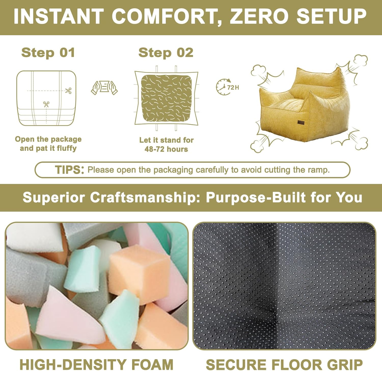 Oversized Fluffy Bean Bag Chair for Adults – Giant Cozy Bean Bag Sofa Chair with Armrests, Handle & Non-Slip Base for Your Reading Nook, Bedroom or Living Room(Yellow-XL)