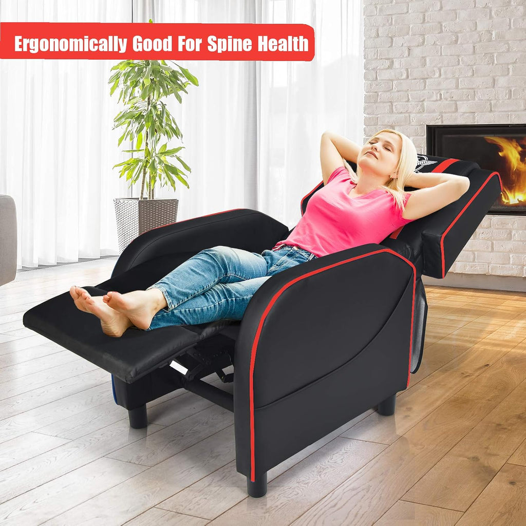 POWERSTONE Gaming Recliner Chair, Reclining Gaming Chairs for Adults Ergonomic Leather Sofa with Footrest Lumbar Support Headrest and Side Pouch for Living Room Home Theater, Red