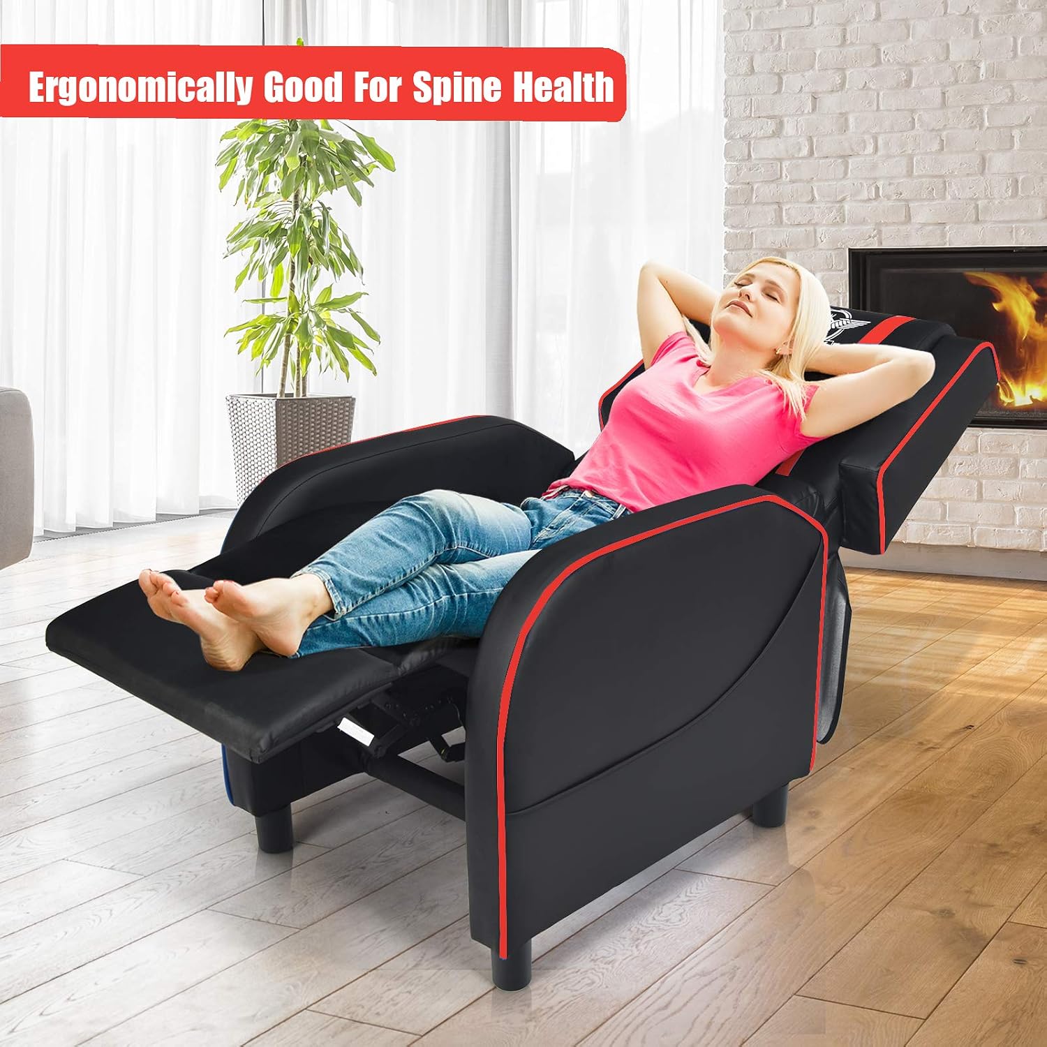 POWERSTONE Gaming Recliner Chair, Reclining Gaming Chairs for Adults Ergonomic Leather Sofa with Footrest Lumbar Support Headrest and Side Pouch for Living Room Home Theater, Red