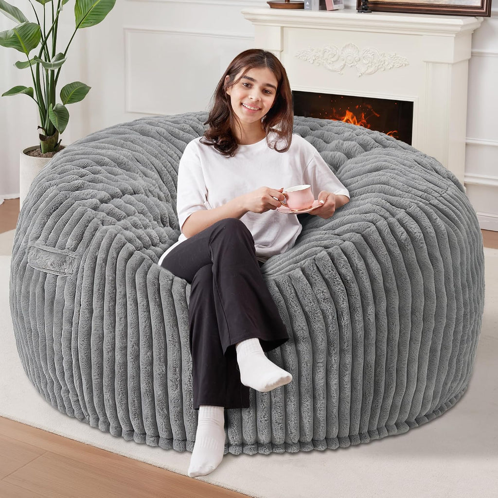Homguava 5 FT Bean Bag Chair,5' Big Bean Bag,Giant Bean Bag Chairs for Adults with Memory Foam Filled,Comfy Large Beanbag Chairs Soft Bean Bag Sofa with Dutch Corded Plush Cover-Grey