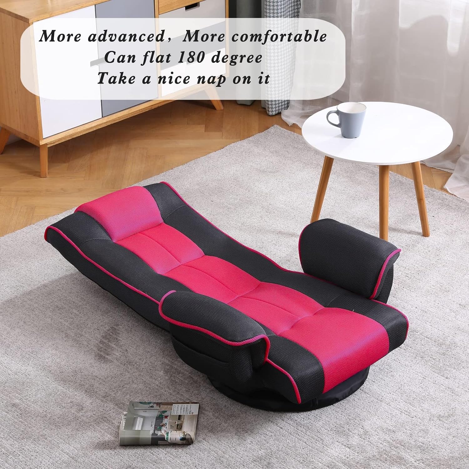 360 Swivel Gaming Floor Chair with Armrest Multi-Angle Folding Floor Chair Padded Backrest Lazy Sofa Lounge Chair for Living Room, Home Office QL201W-US-BK
