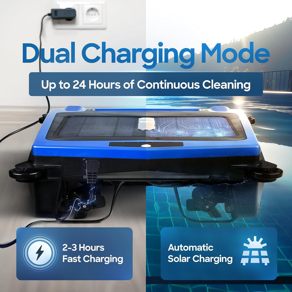 Solar Powered Pool Skimmer Robot – Charges by Solar & Wall Plug – 2 Modes - 5000 mAh Battery Continuous Surface Cleaning - Shallow Water Anti-Stranding Bars - Salt Chlorine Tolerant Motors